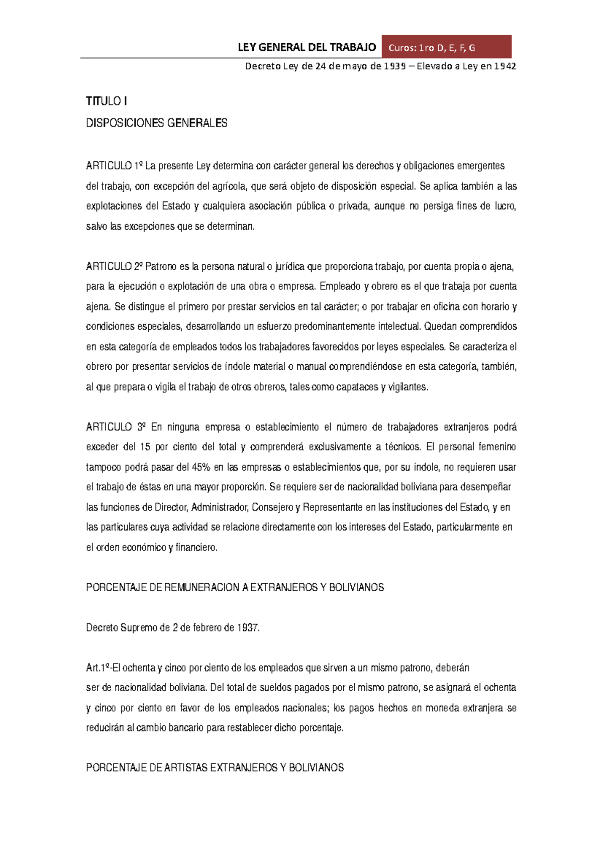 Ley General Del Trabajo Art 1 22 Studocu