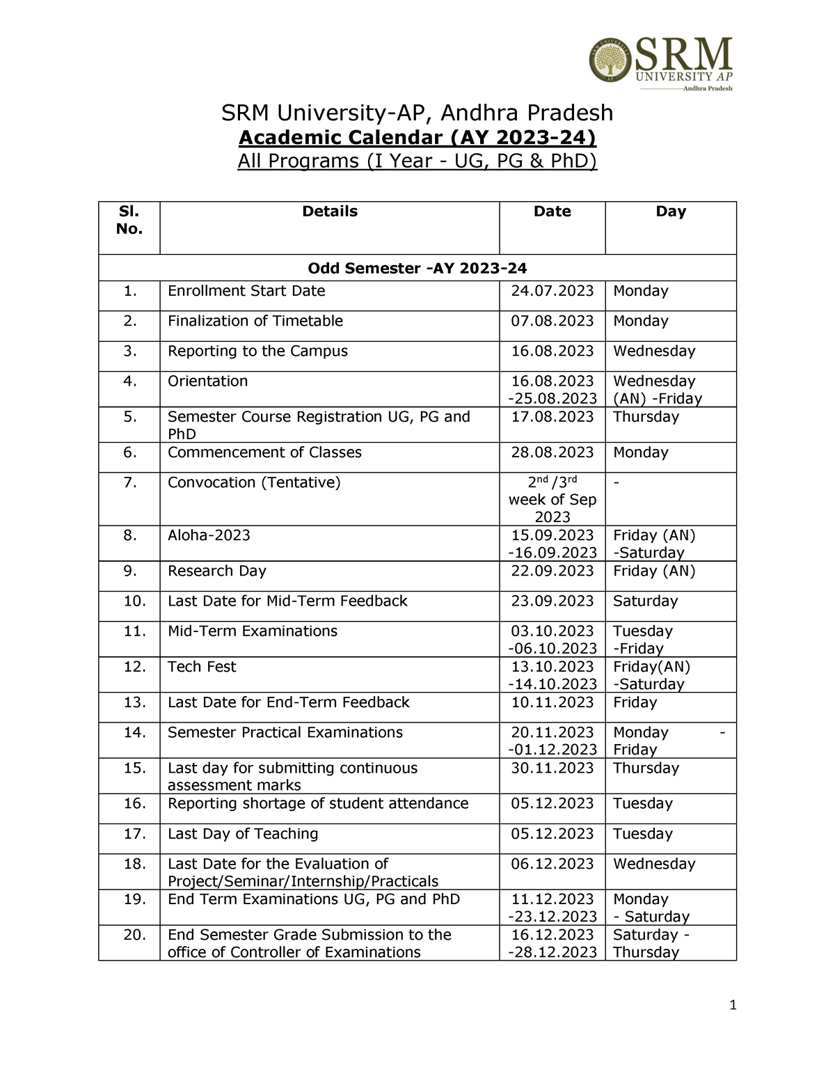 Annual Aacademic Calendar 202324 I Year SRM UniversityAP, Andhra