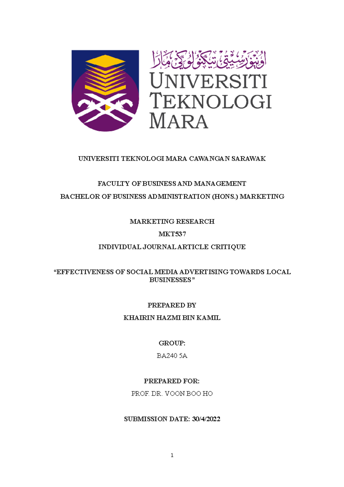 Article critique - UNIVERSITI TEKNOLOGI MARA CAWANGAN SARAWAK FACULTY ...