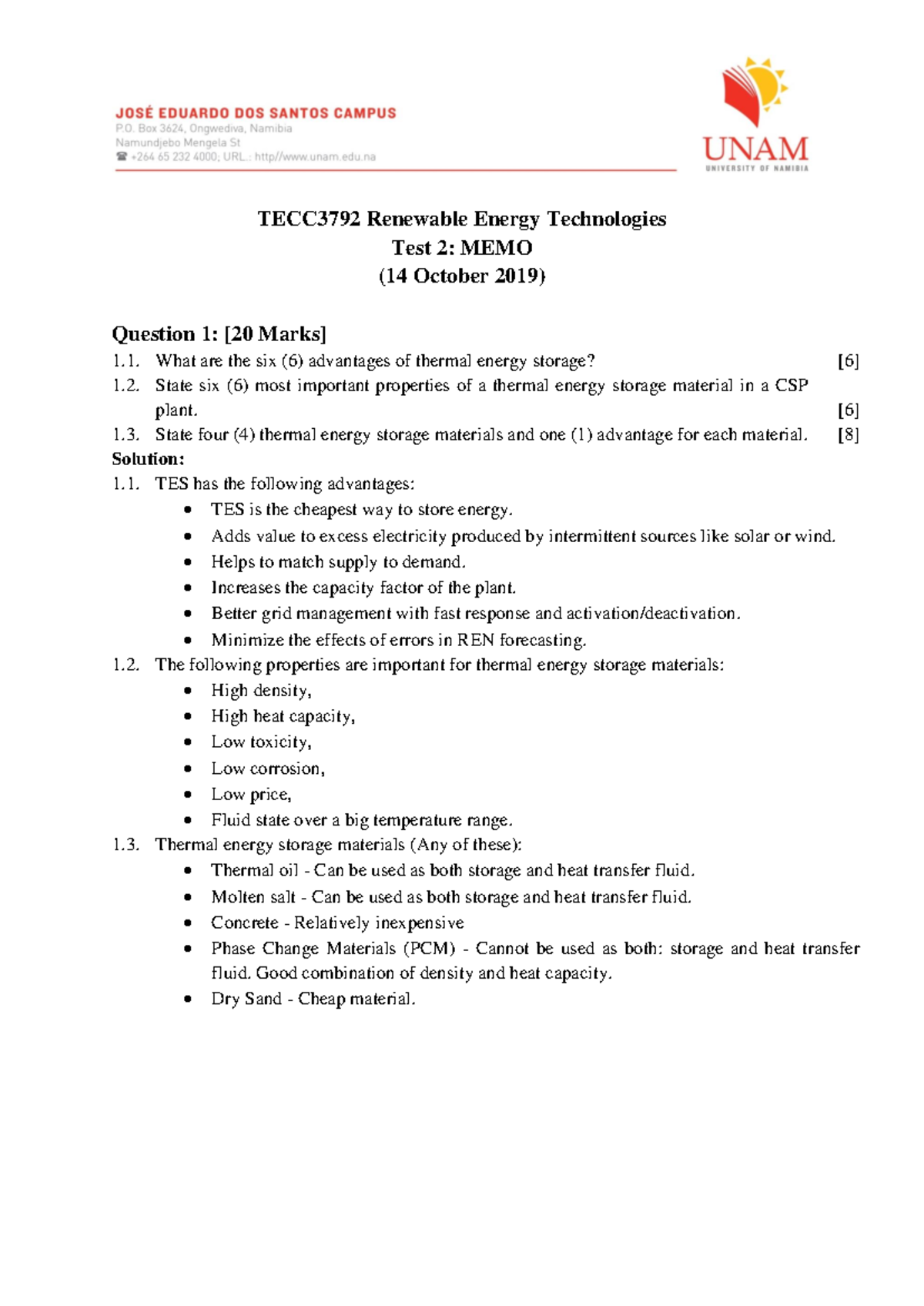 2019 Test 2 MEMO - test paper solution - TECC3792 Renewable Energy ...