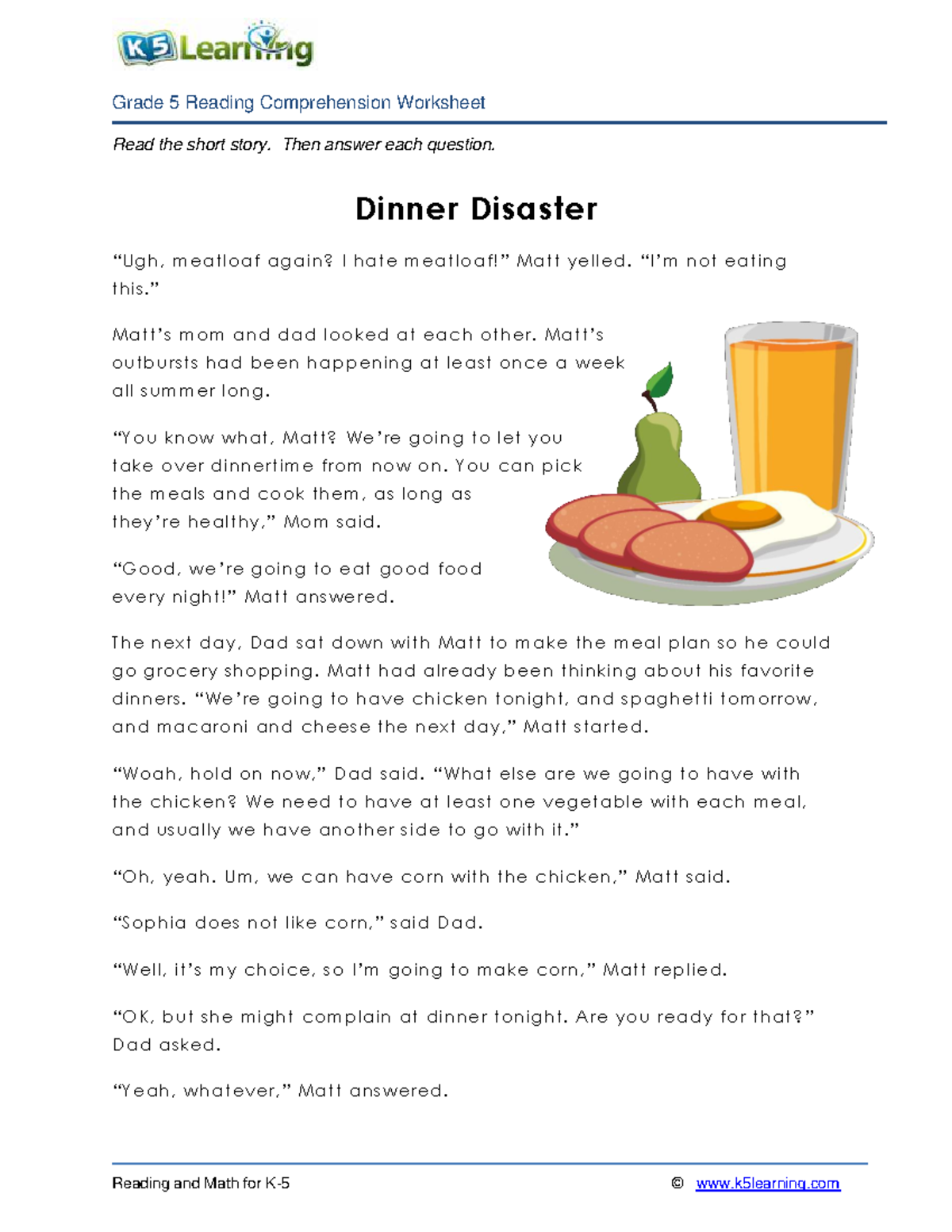 5th grade 5 dinner disaster Read the short story. Then answer each question. Dinner Disaster