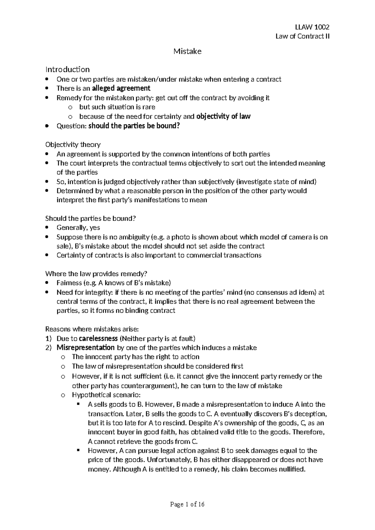 Mistakes - Summary The Law of Contract I & II - Law of Contract II ...
