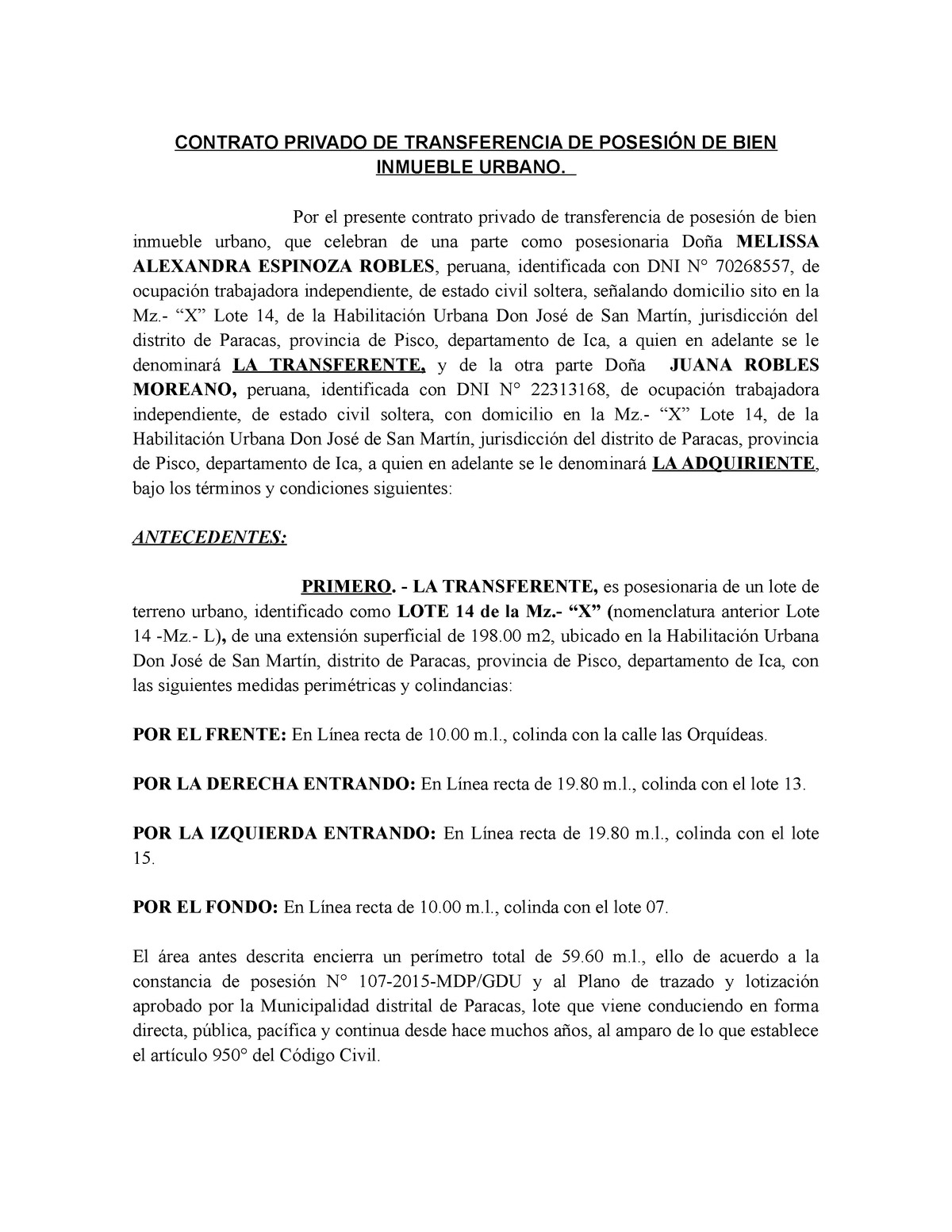 Contrato DE Transferencia DE Posesion - CONTRATO PRIVADO DE TRANSFERENCIA  DE POSESIÓN DE BIEN - Studocu
