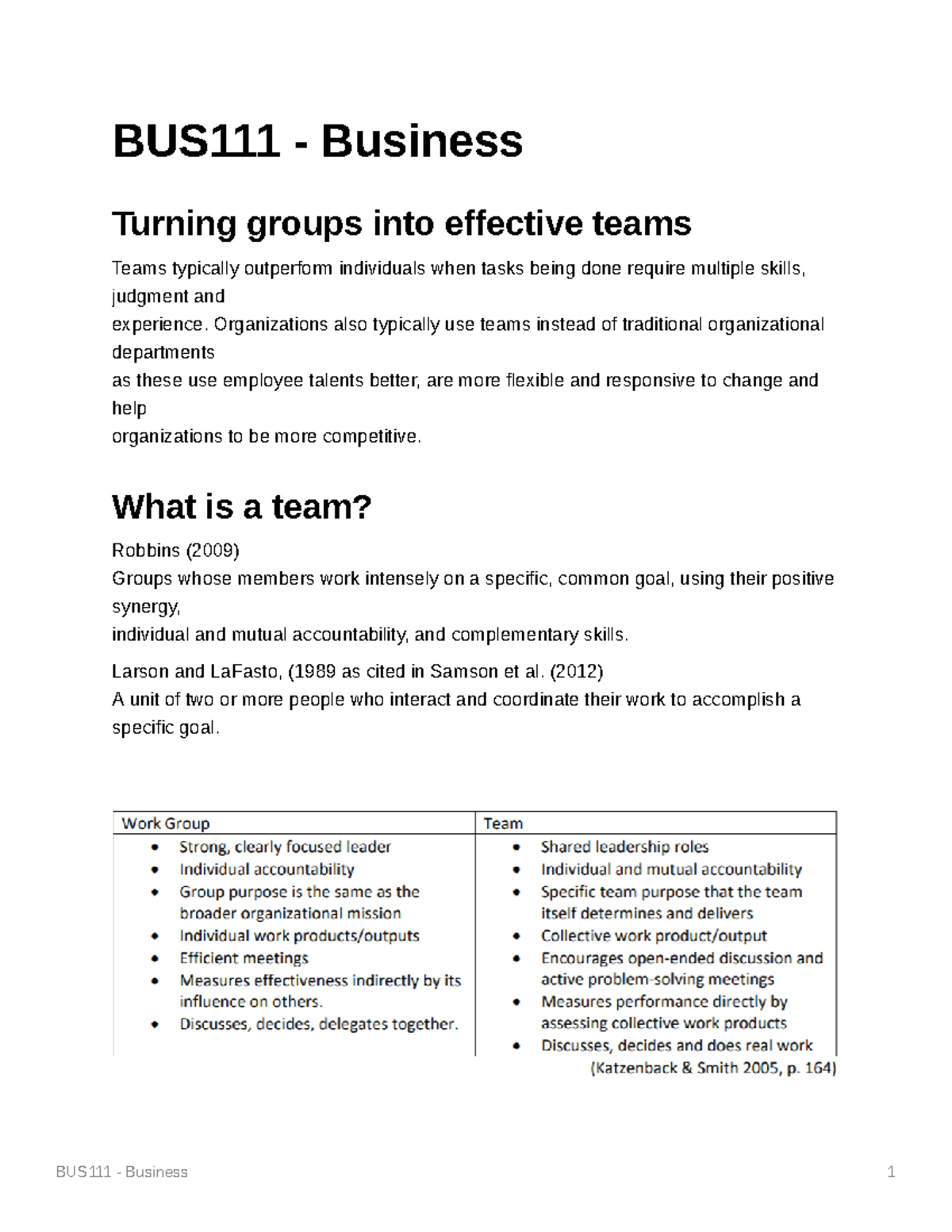 BUS111 - notes made - BUS111 - Business Turning groups into effective ...