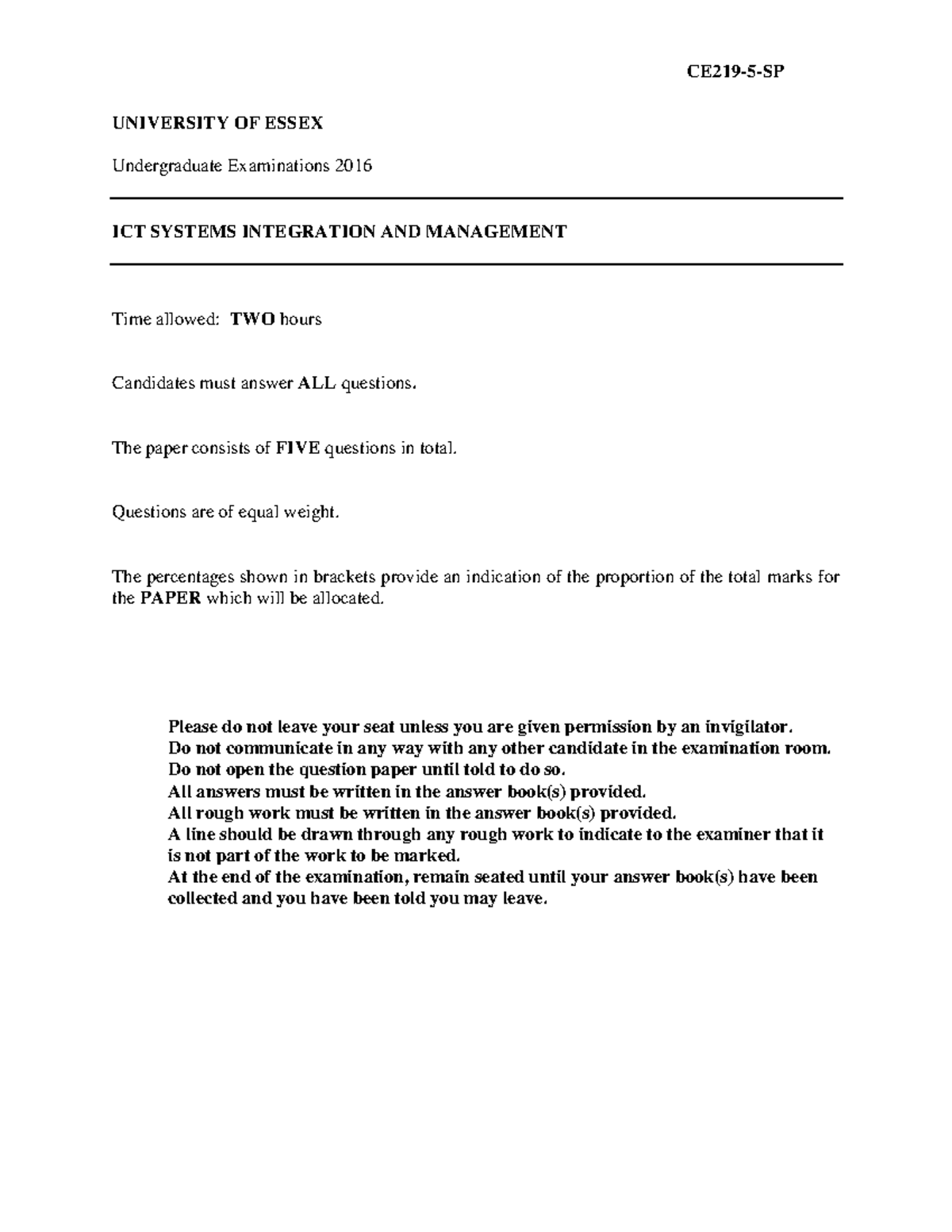 Exam 2016 Questions CE219 5 SP UNIVERSITY OF ESSEX Undergraduate