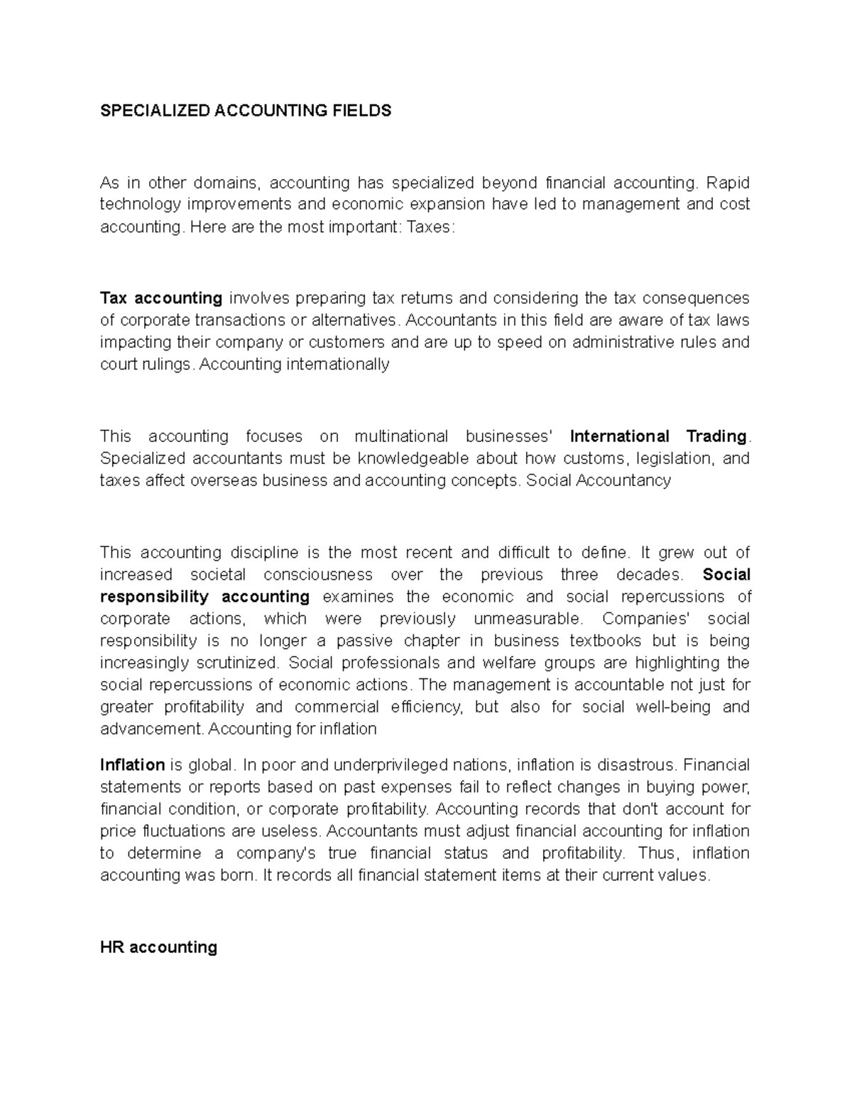 Specialized Accounting Fields SPECIALIZED ACCOUNTING FIELDS As in