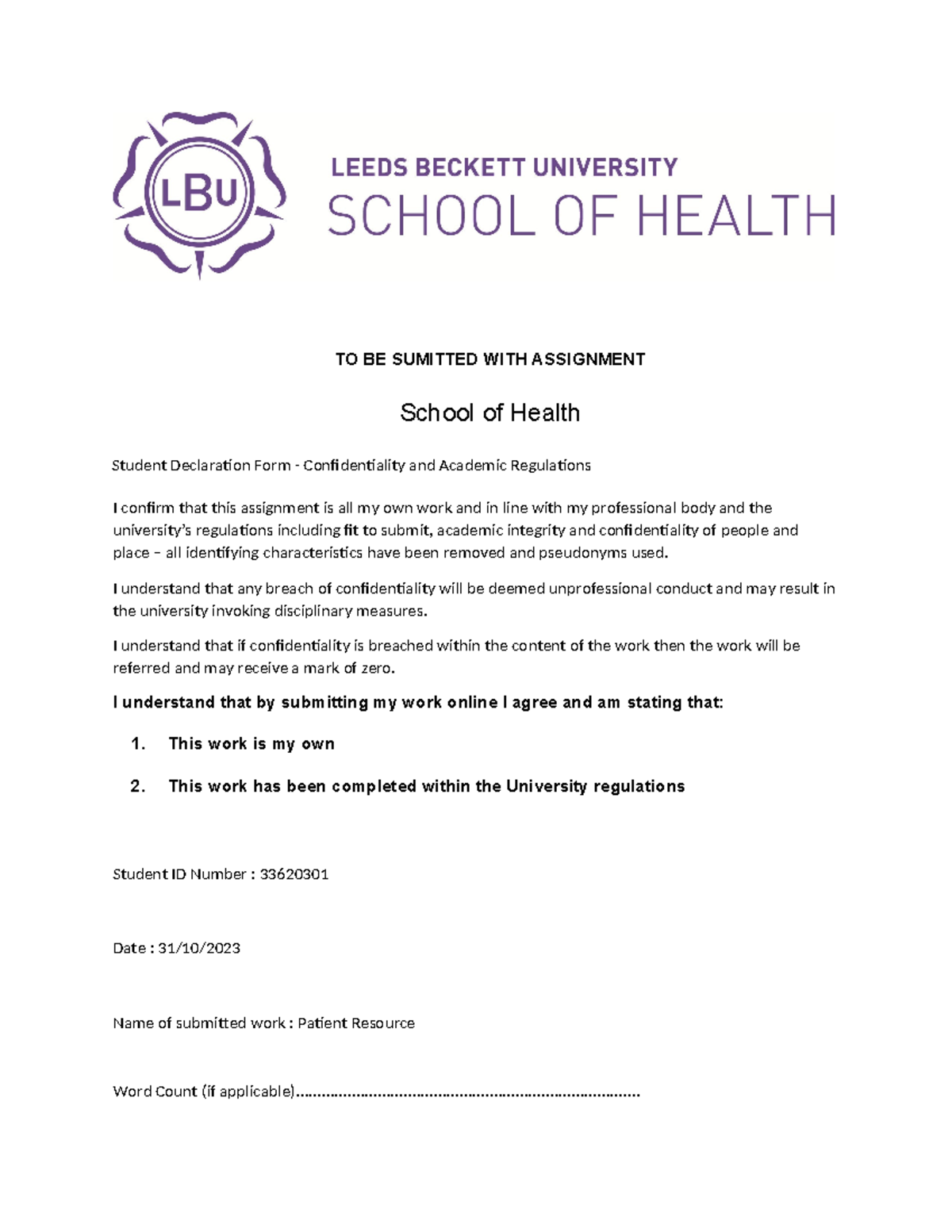 Poster Final - TO BE SUMITTED WITH ASSIGNMENT School of Health Student ...
