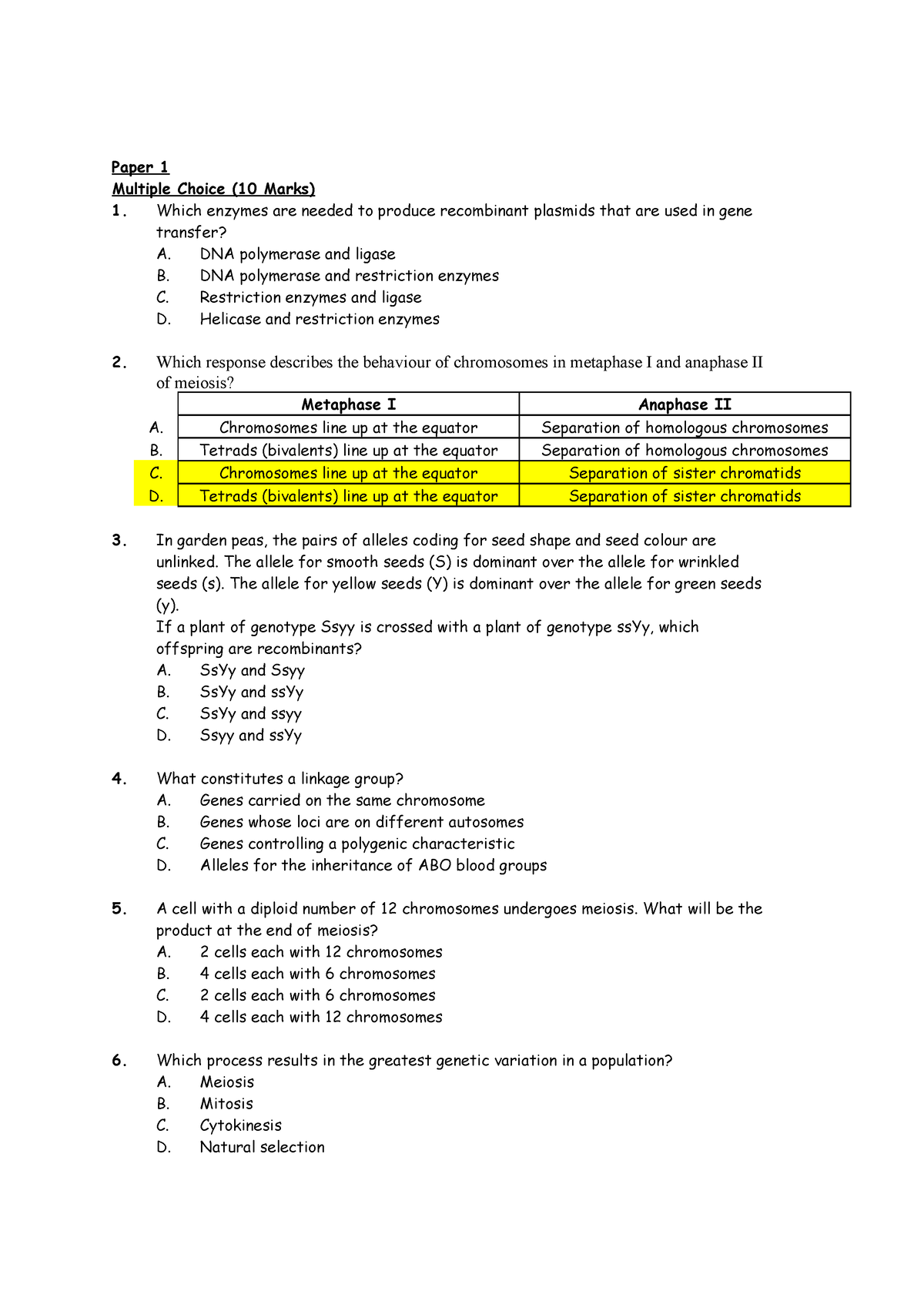 3 10 genetics revision - bcytcvut - Multiple Choice (10 Marks) Which ...