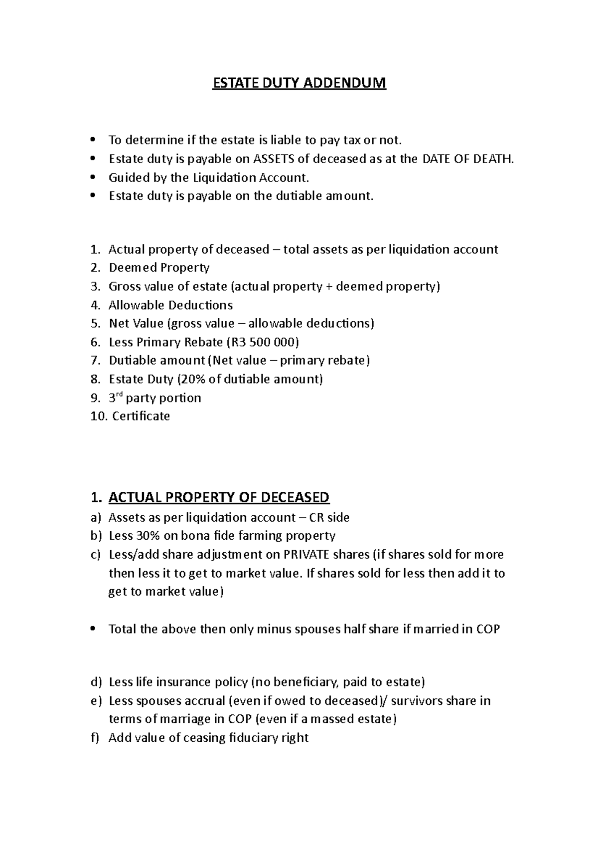 Estate DUTY Addendum ESTATE DUTY ADDENDUM To determine if the estate