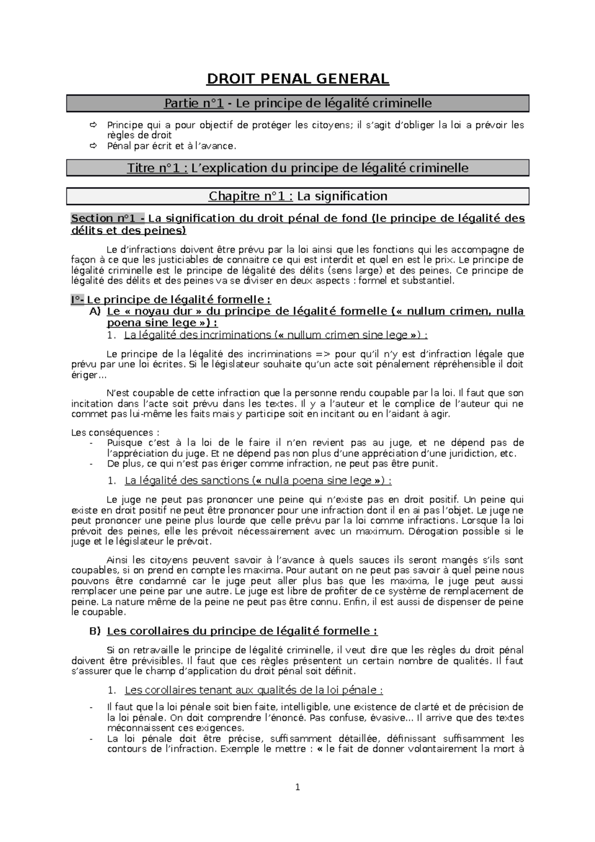 Titre n°1 L'explication du principe de légalité criminelle DROIT PENAL GENERAL Partie n°1
