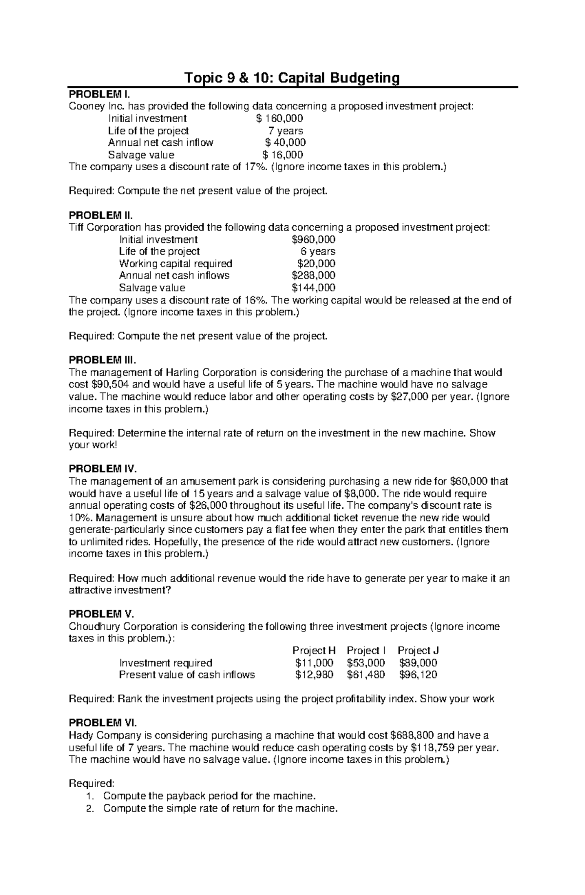 Topic 9 & 10 Capital Budgeting CE - Topic 9 & 10: Capital Budgeting ...