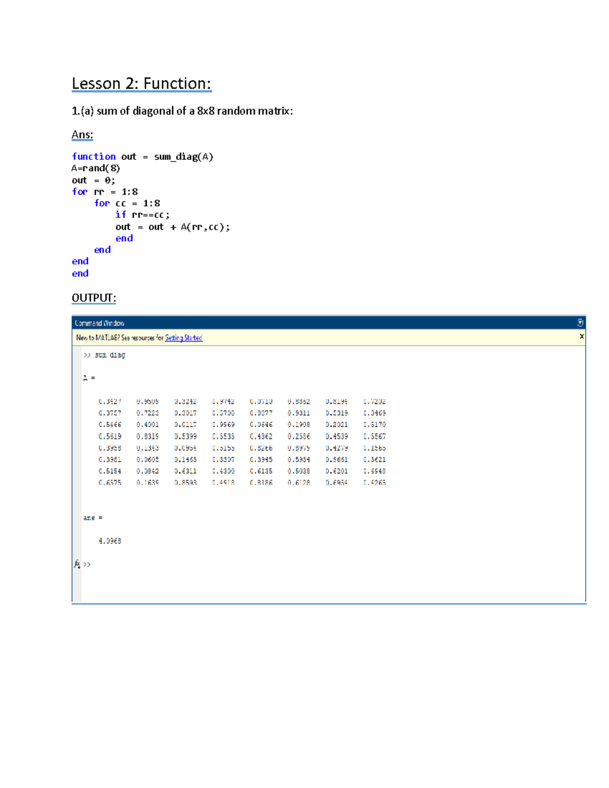 Lesson 2 - matlab problems - Lesson 2: Function: 1.(a) sum of diagonal ...