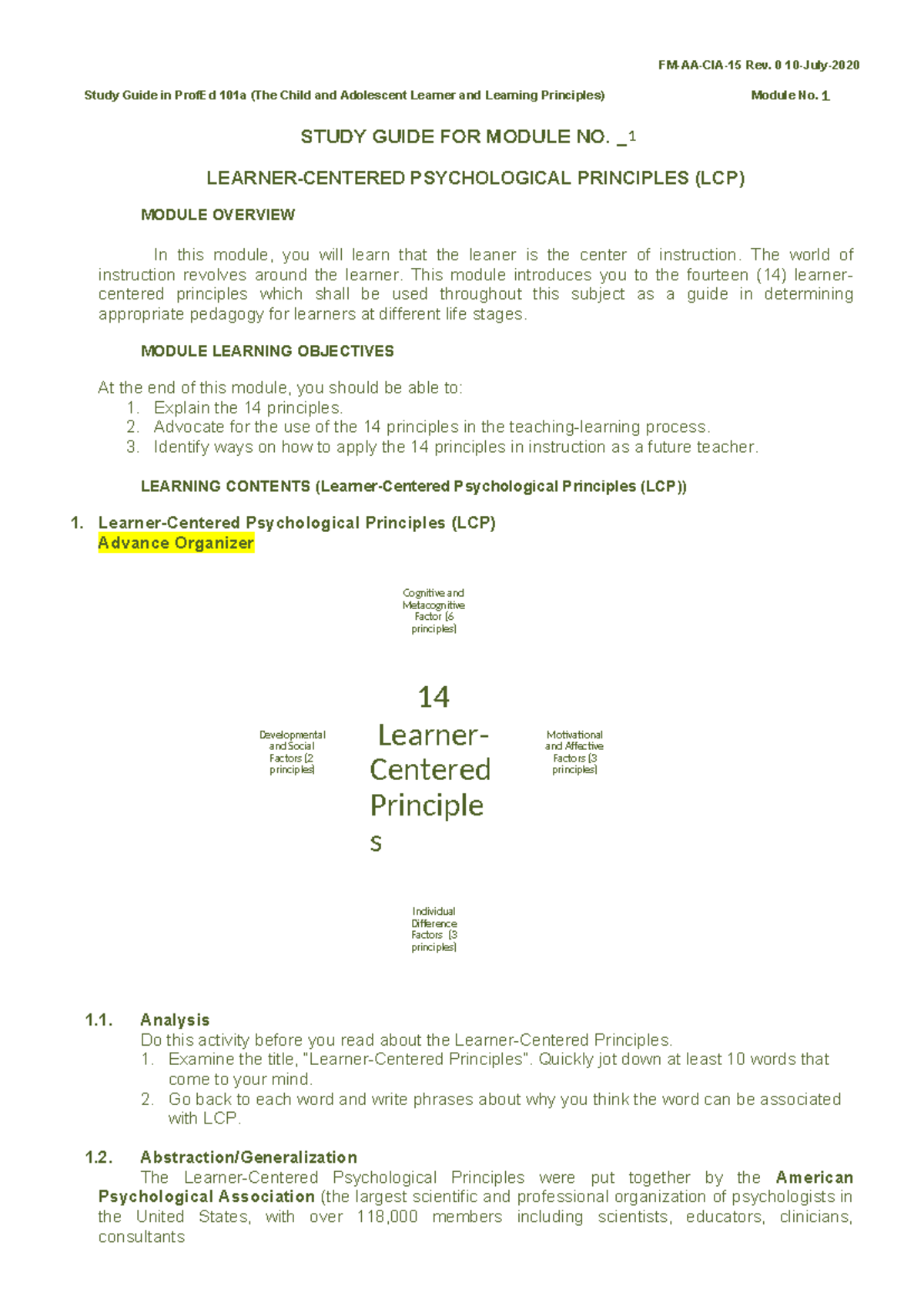 Study Guide - Profed 101a - Module 1 - FM-AA-CIA-15 Rev. 0 10-July ...