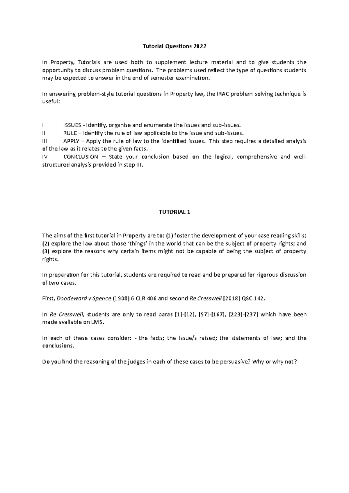 Property Law Tutorial 1 Answers - Tutorial Questions 2022 In Property ...