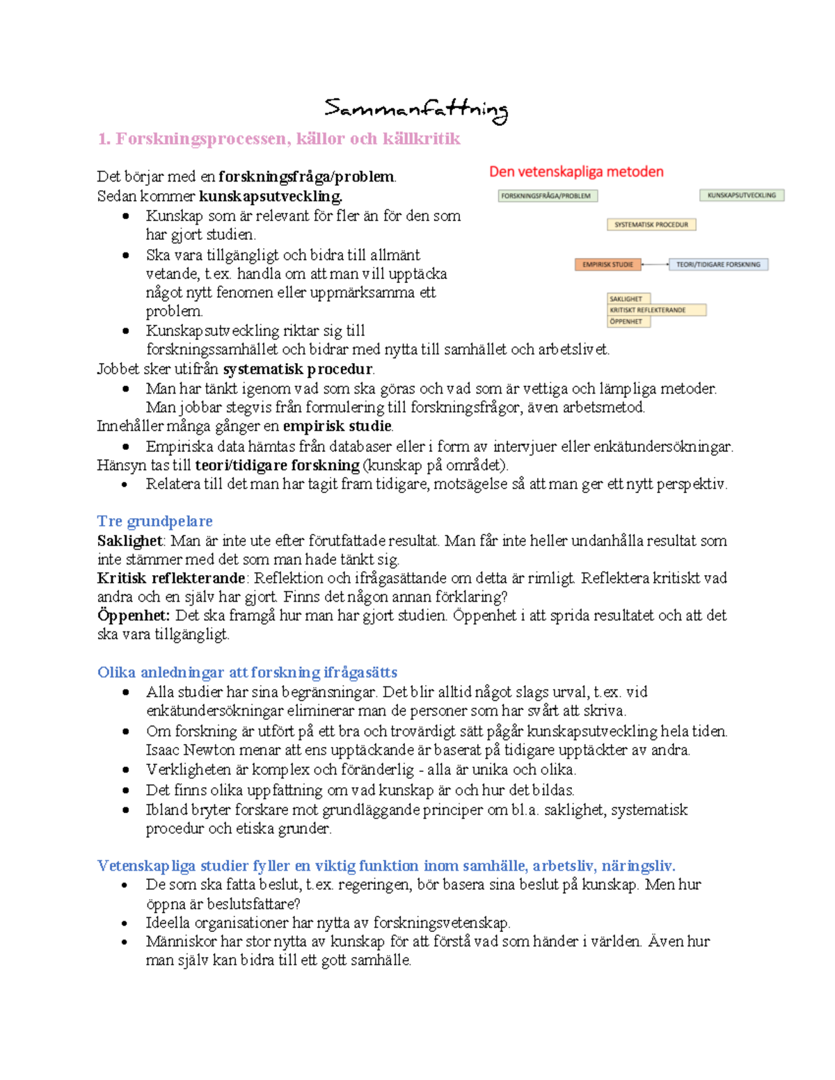 Vetenskaplig Metod - Sammanfattning 1. Forskningsprocessen, Källor Och ...