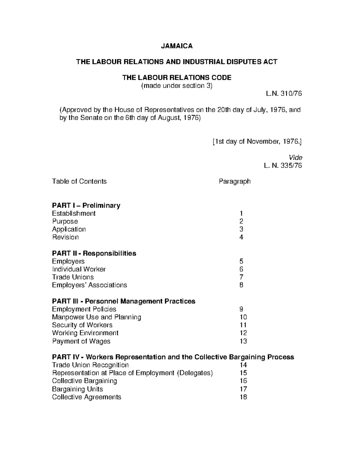 Jamaica Labour Code JAMAICA THE LABOUR RELATIONS AND INDUSTRIAL 