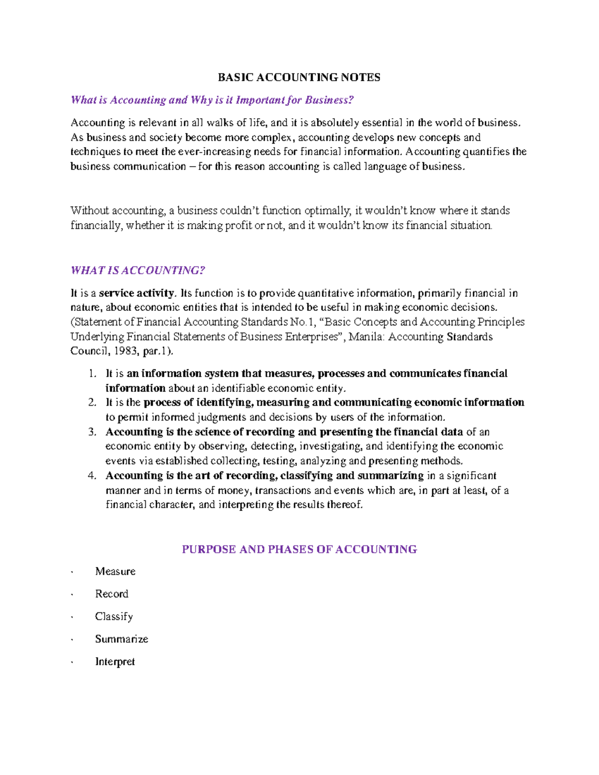 Basic Accounting Notes - BASIC ACCOUNTING NOTES What is Accounting and ...