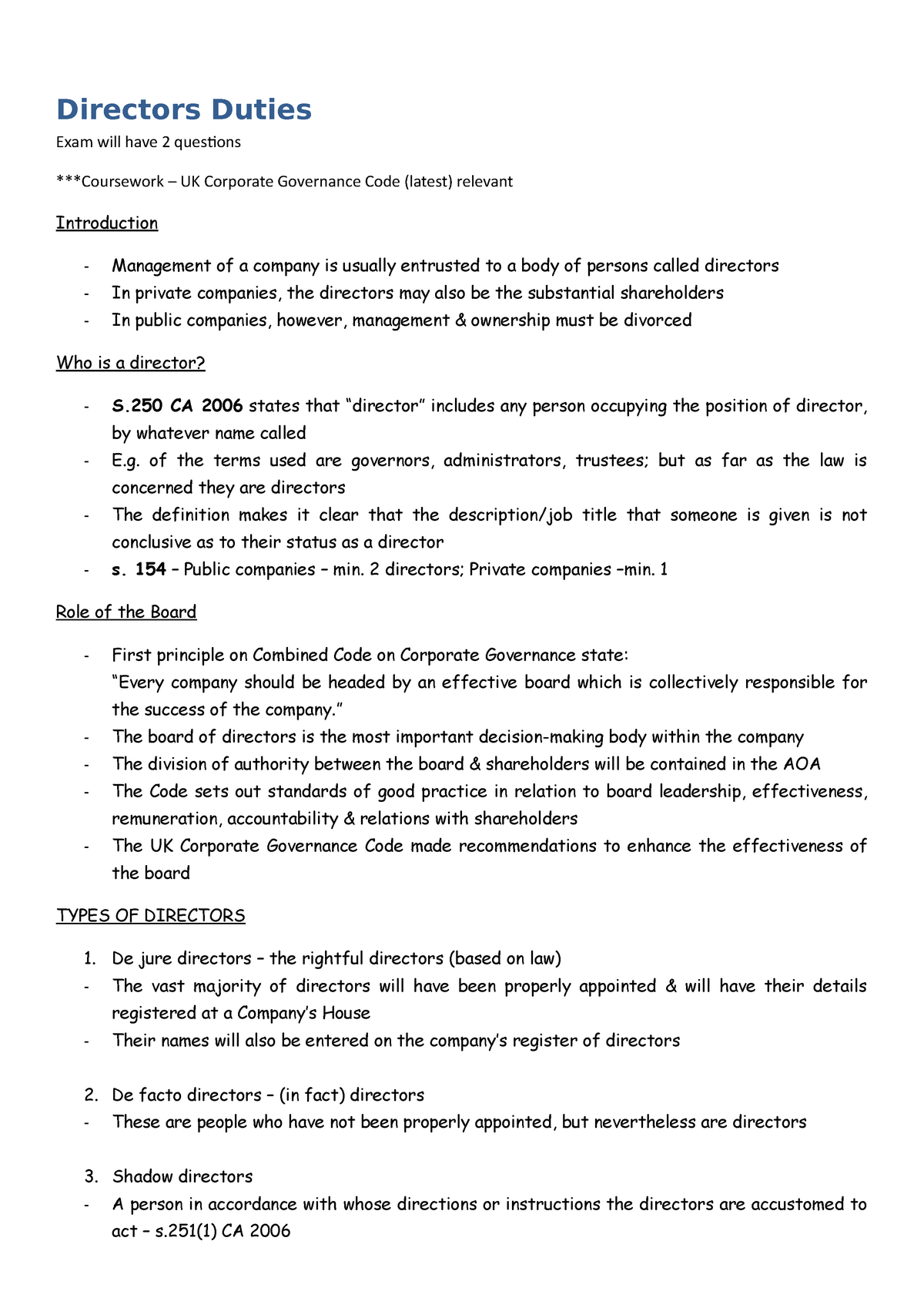 9. Directors' Duties - Lecture Notes 9 - Directors Duties Exam Will Have 2  Questions ***Coursework – - Studocu