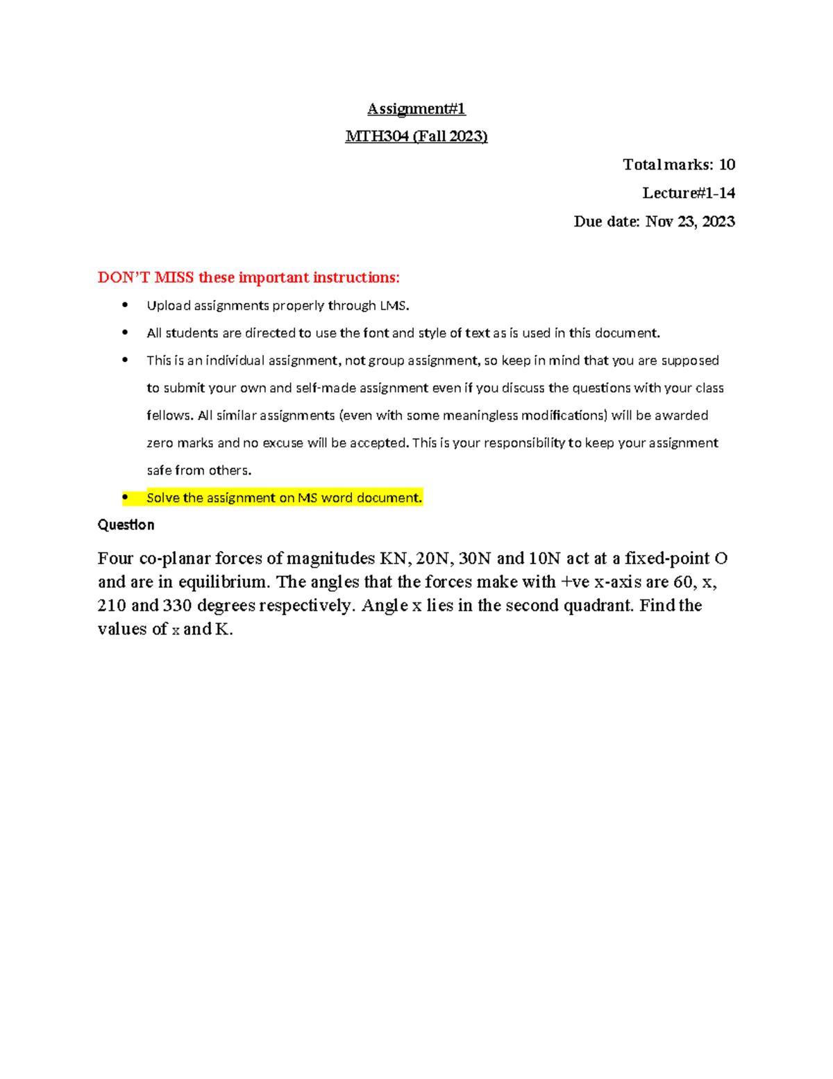 Fall 2023 MTH304 1 - good - Assignment# MTH304 (Fall 2023) Total marks ...