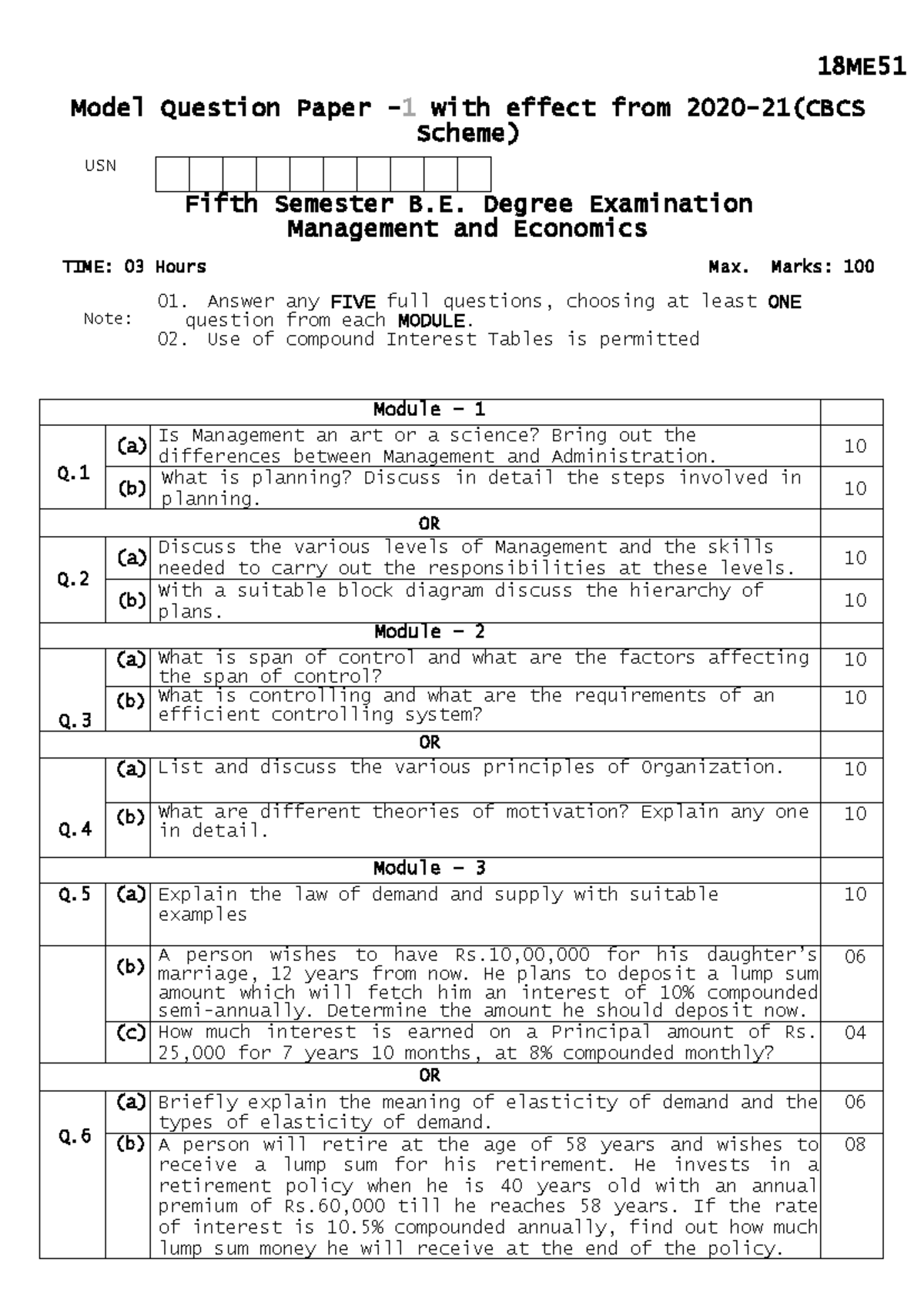 18MEC51(managementandeconomics 2020-2021) - Model Question Paper - 1 ...