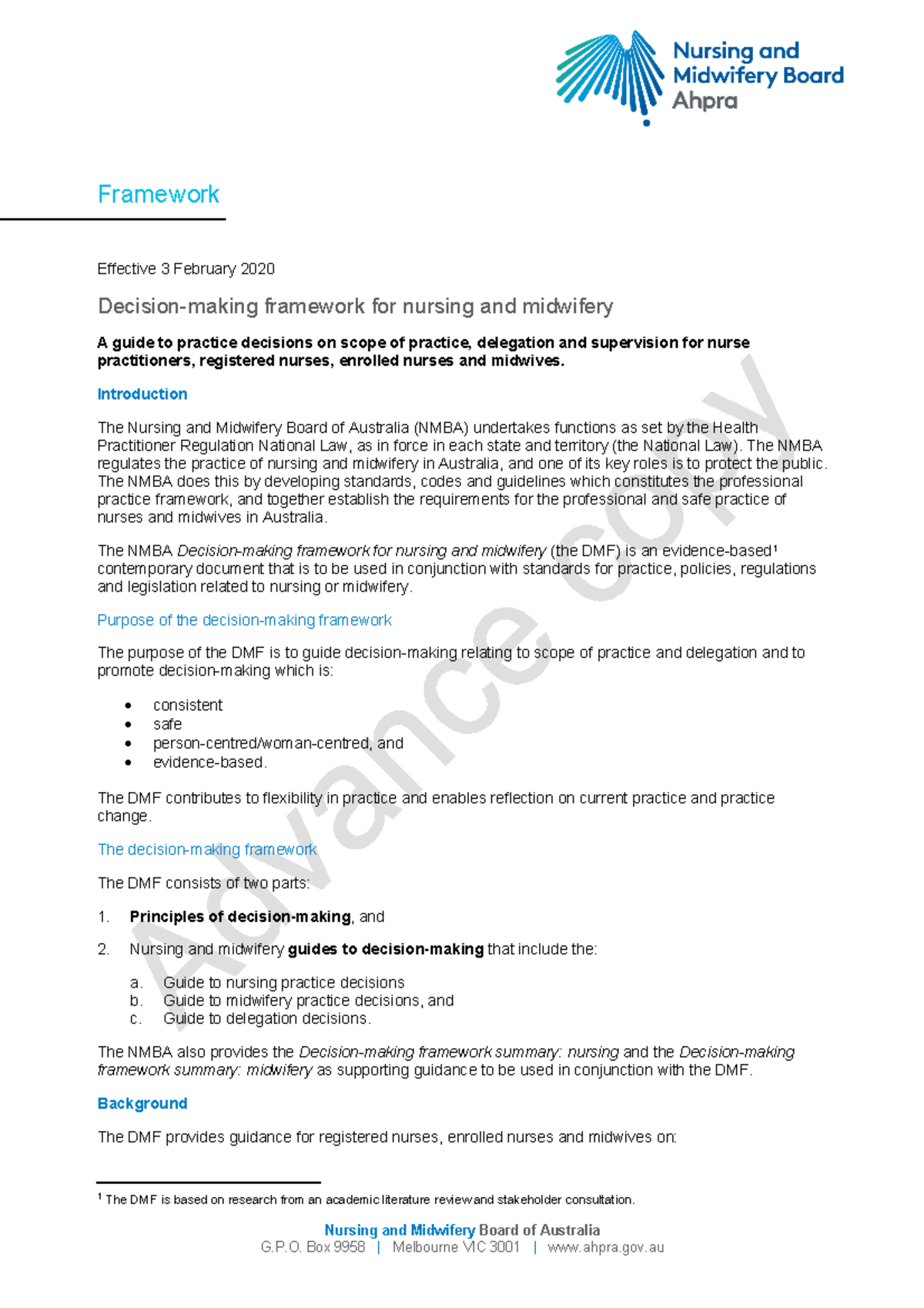 Nursing and Midwifery Board Framework Decision making framework for