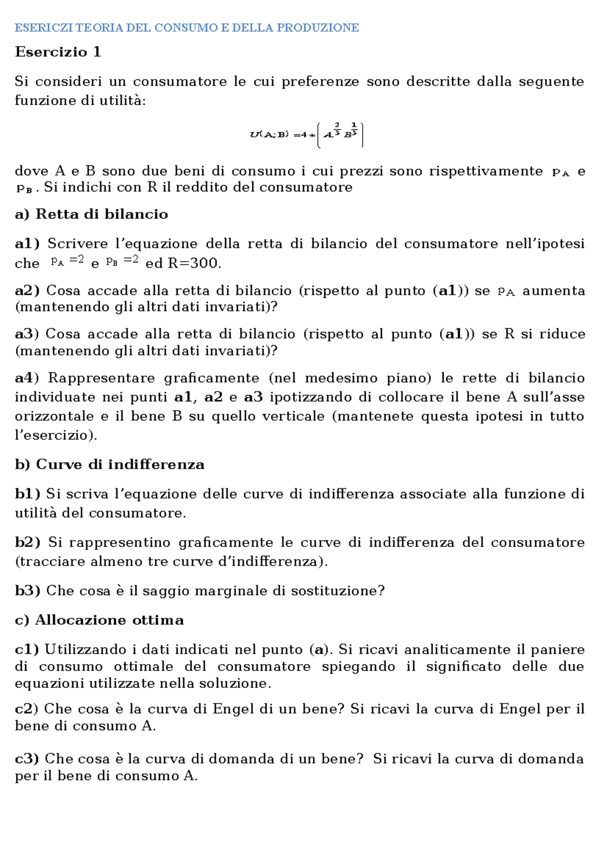 Esercitazione Microeconomia - ESERICZI TEORIA DEL CONSUMO E DELLA ...