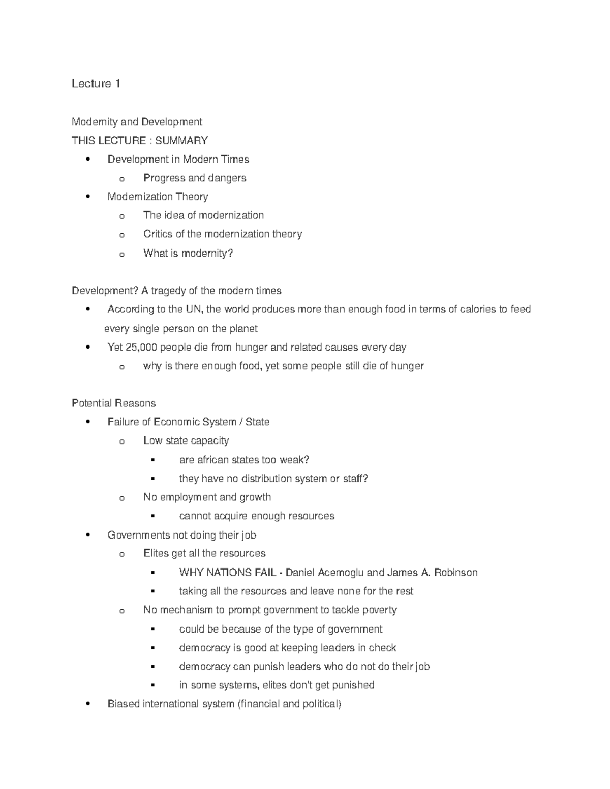 Lecture Notes - POLI1003 - Lec 1 - Lecture 1 Modernity and Development ...