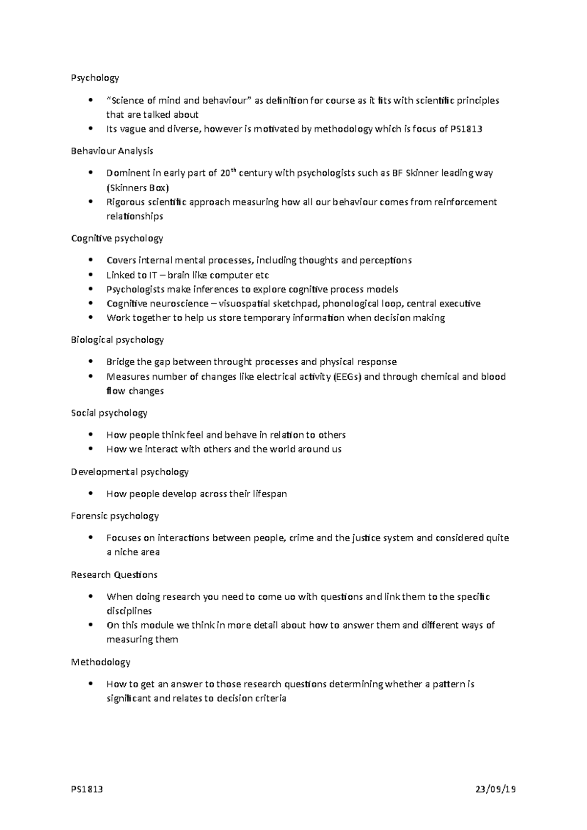 PS1813 WEEK 1 - Lecture notes Semester 1 Week 1 - Psychology “Science ...