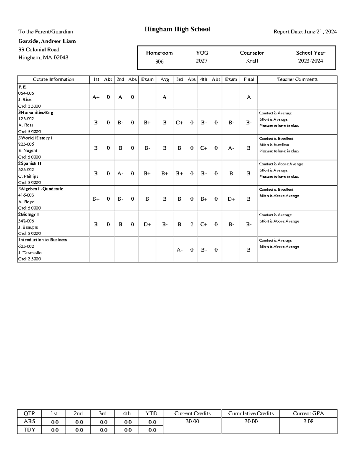Report Cards HHS 2019 (NEW) - Course Information Teacher Comments To ...