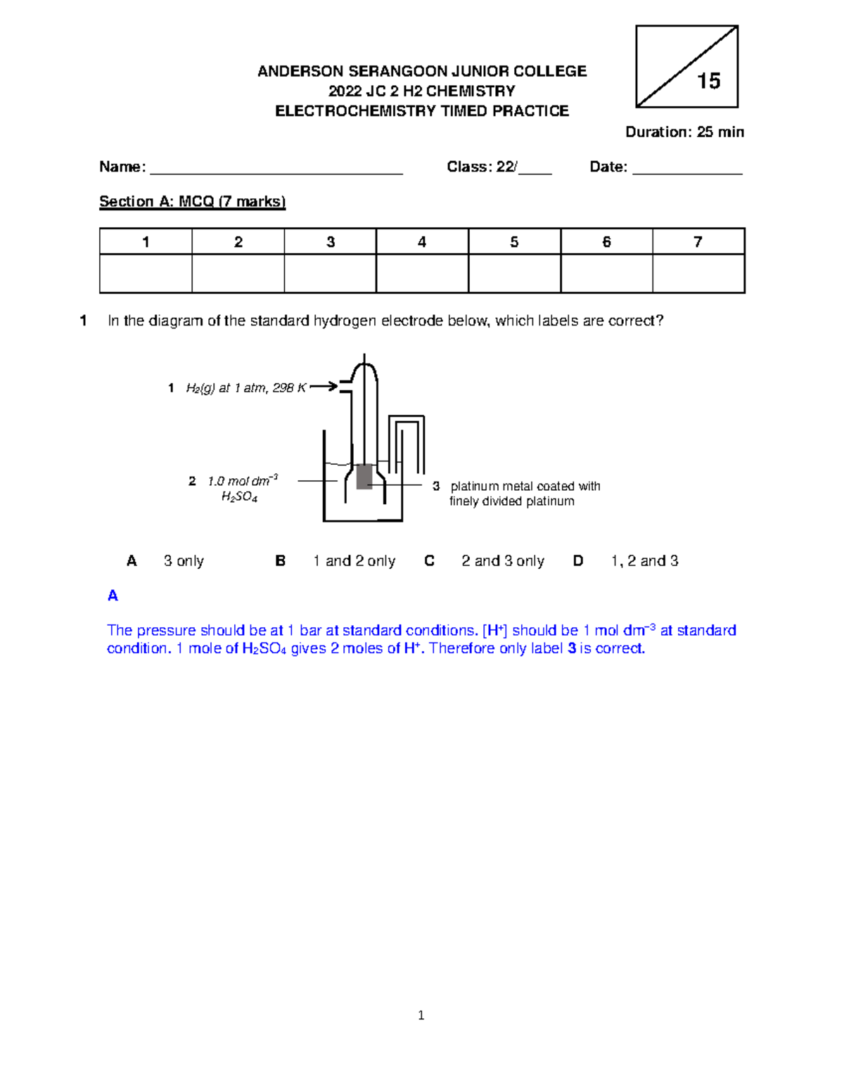 2022 Electrochemistry Time Practice Qns and Ans ANDERSON SERANGOON