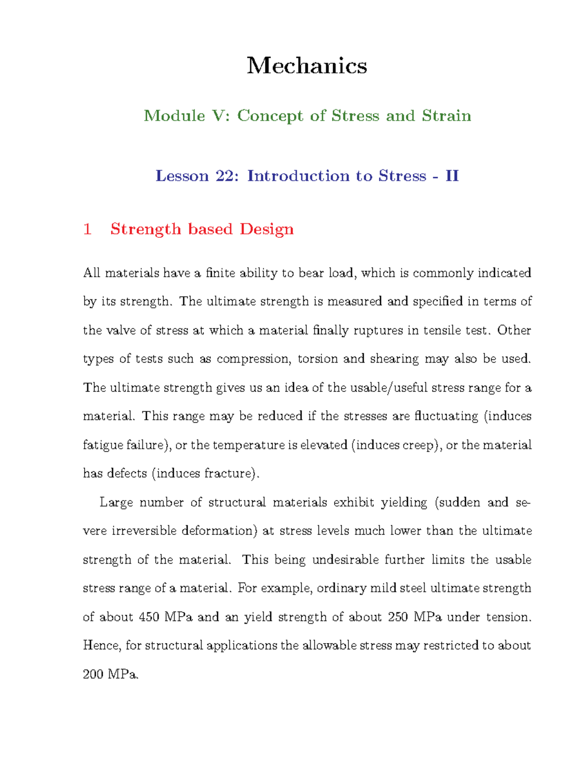 Module 5 Introduction To Stress - 2 - Mechanics Module V: Concept Of ...