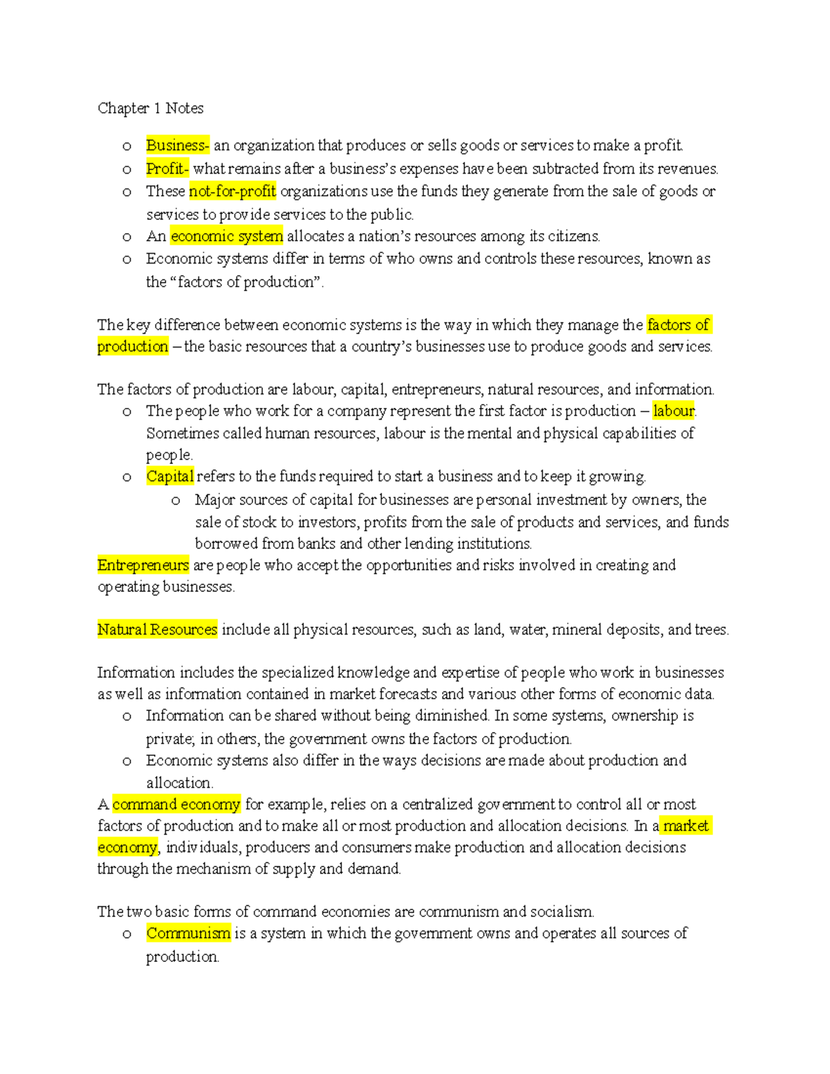 Chapter 1 Notes - Chapter 1 Notes O Business- An Organization That ...