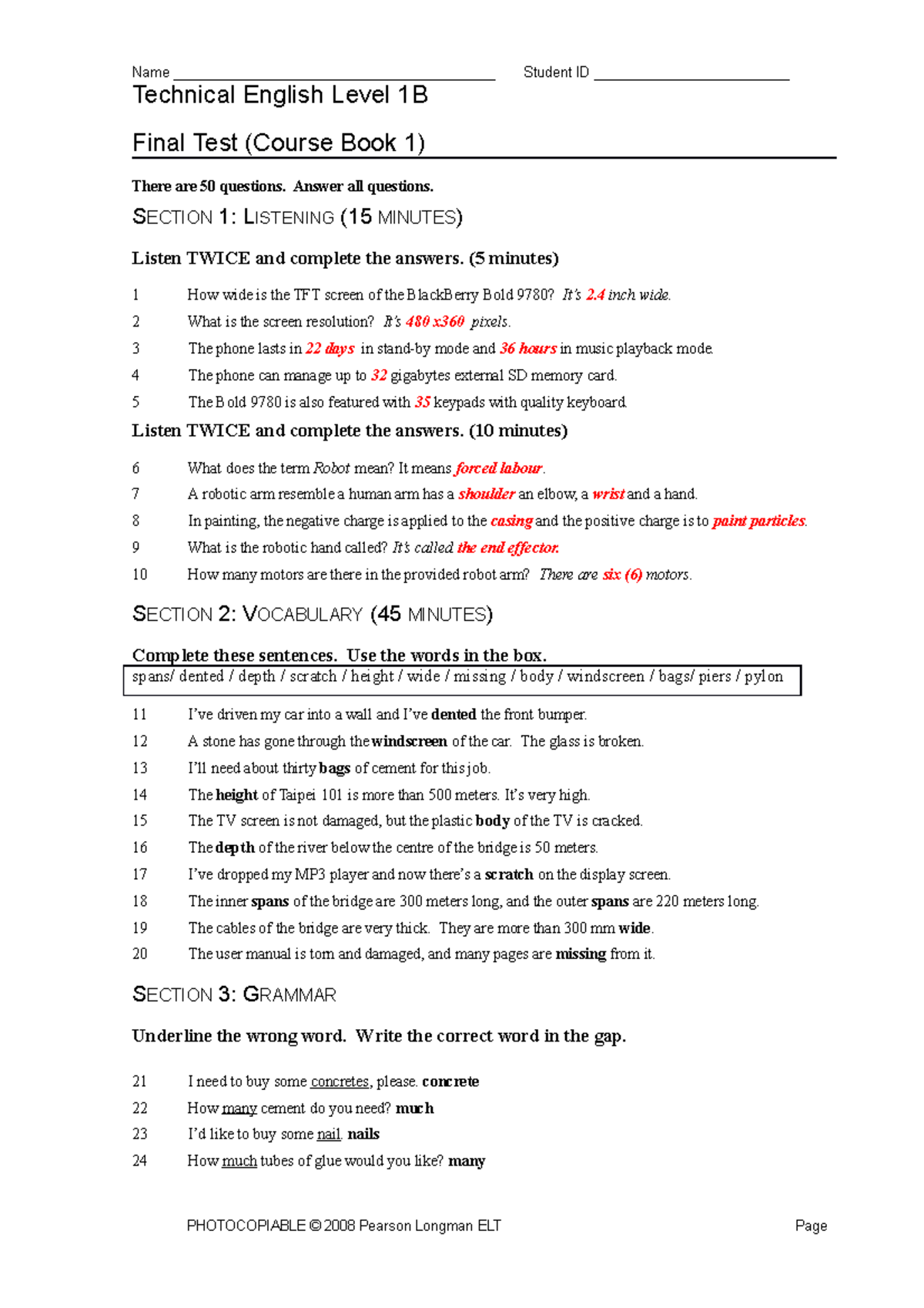 Technical English Final Test 2011 - A - Key - Name