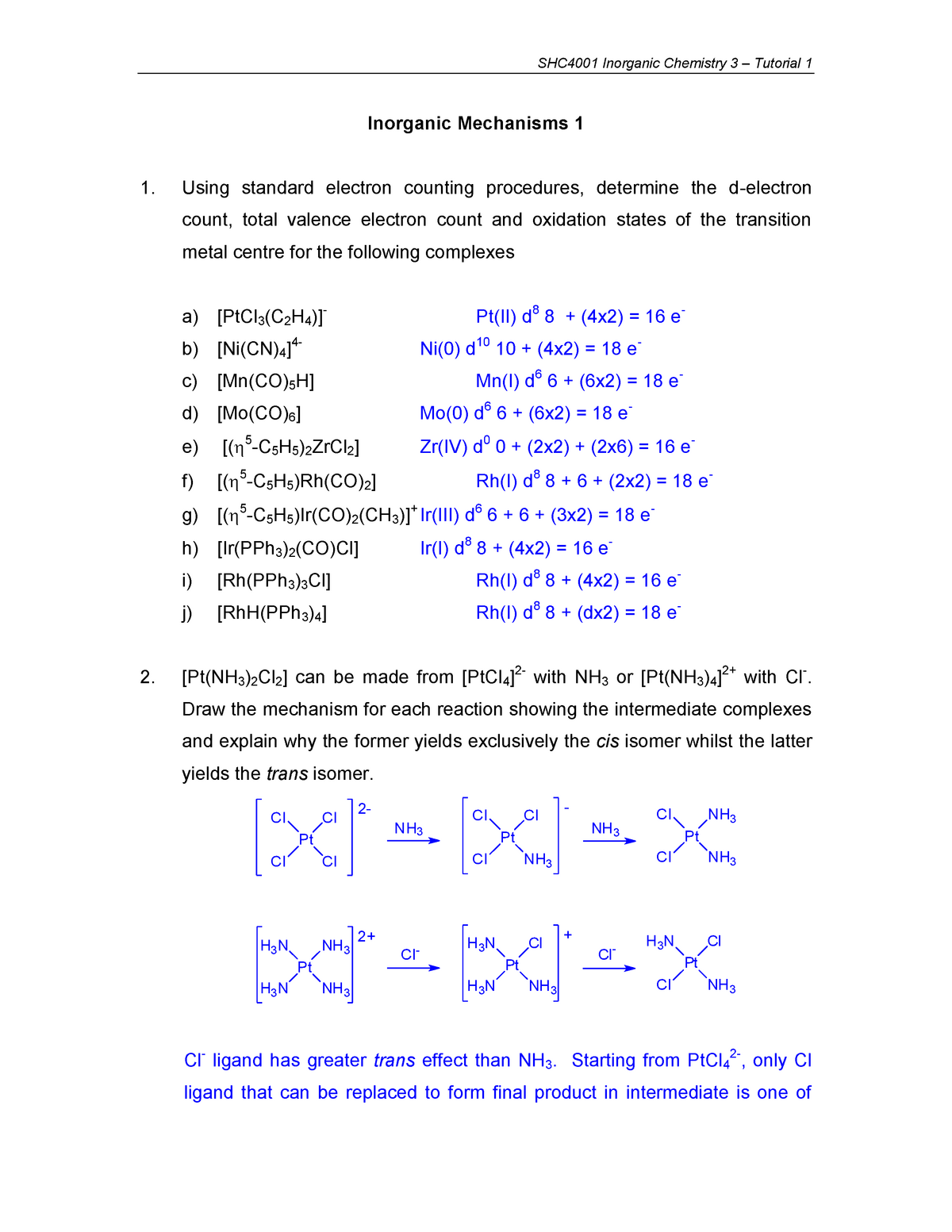 Tutorial 1 Inorganic Mechanisms 1 answers SHC4001 Inorganic