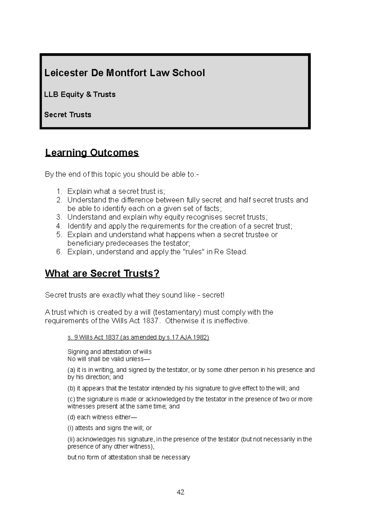 Secret Trusts - Equity notes - Leicester De Montfort Law School LLB ...