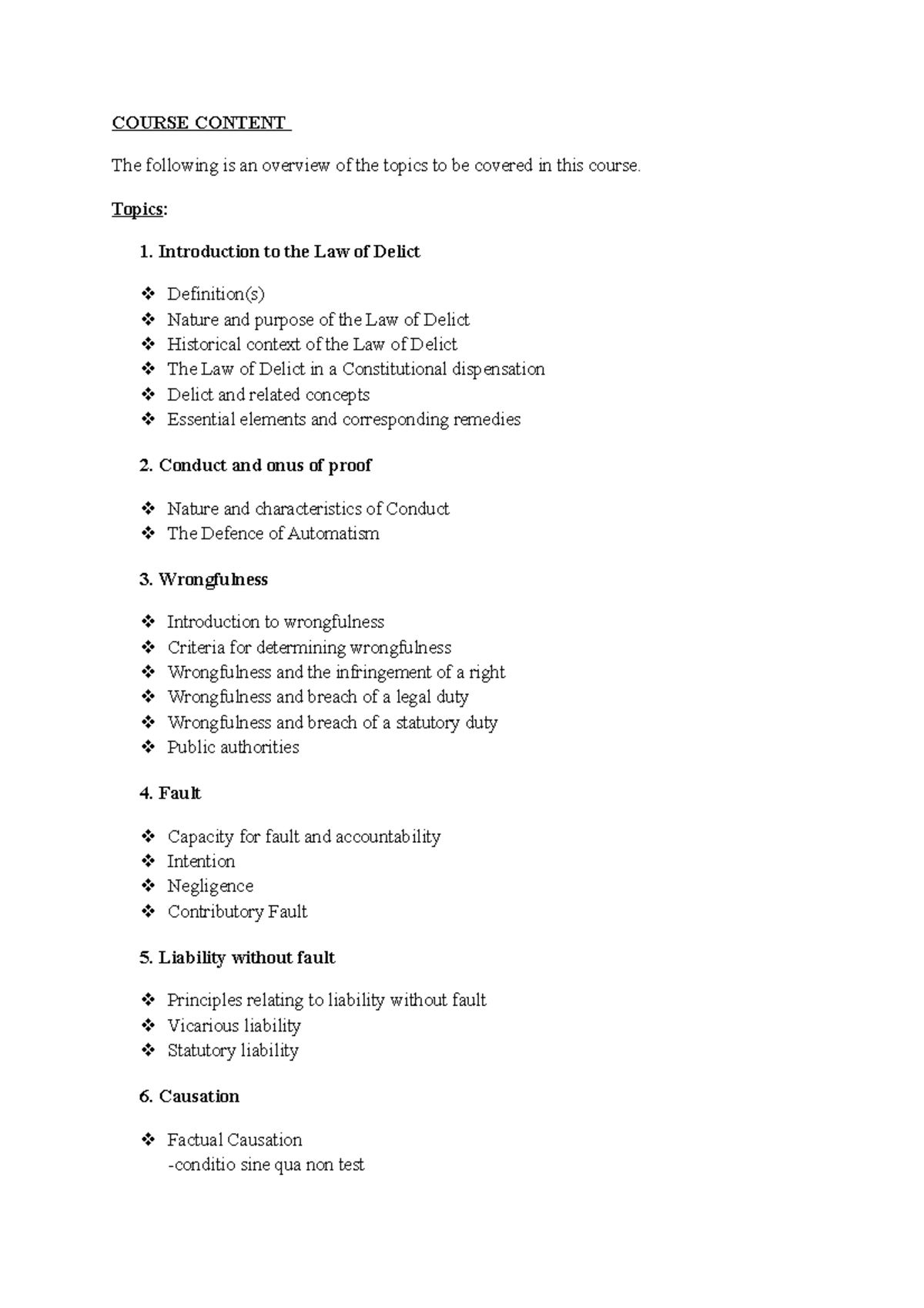 Delict masters these are complete course notes COURSE CONTENT The