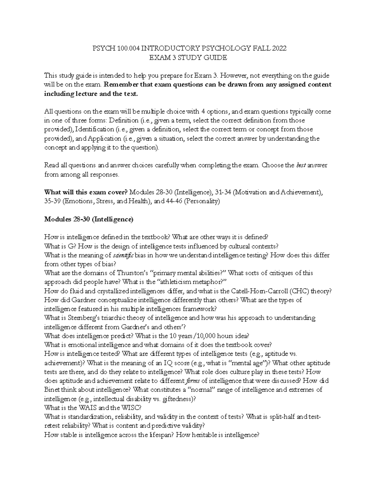 Exam 3 Study Guide PSYCH 100 Penn State Studocu