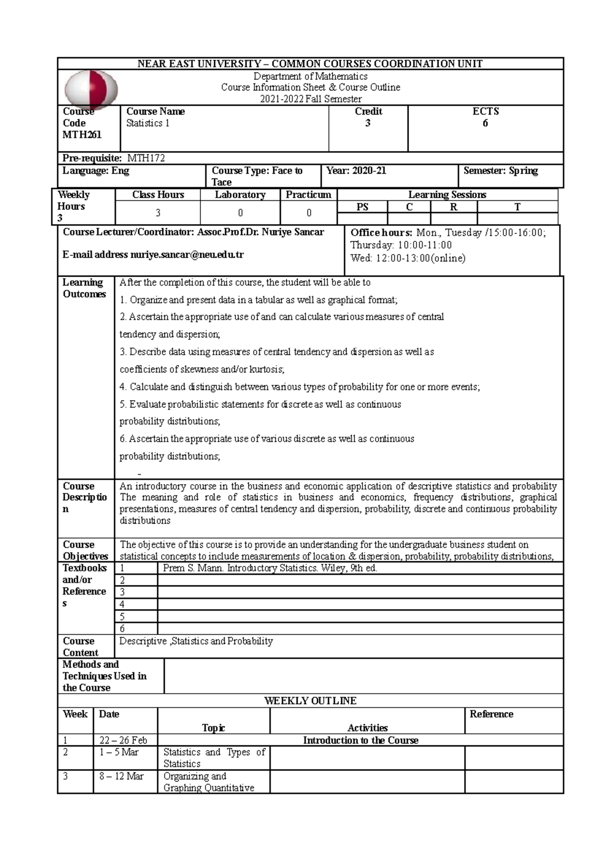 Common Courses Course MTH261 statistics - NEAR EAST UNIVERSITY – COMMON ...
