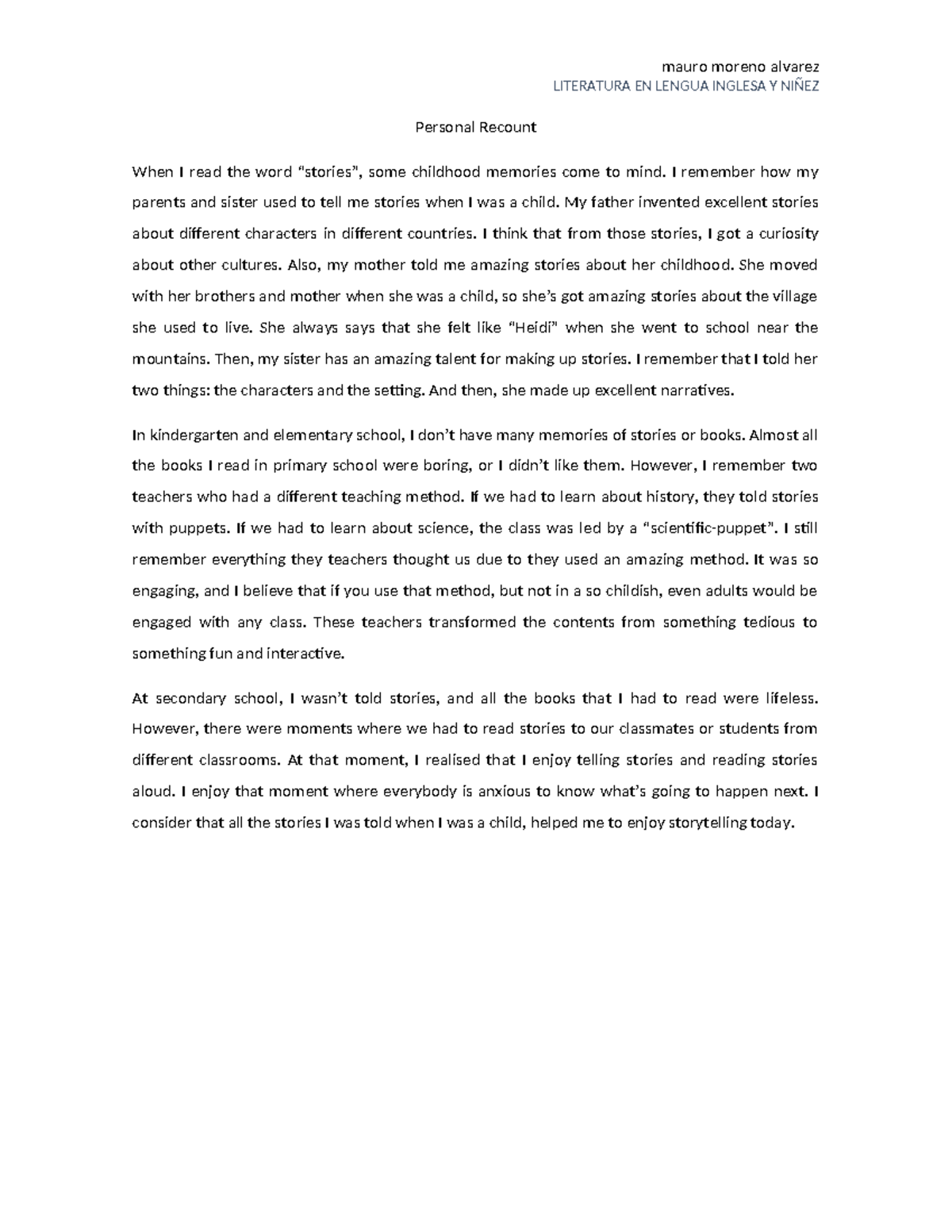Personal Recount - mauro moreno alvarez LITERATURA EN LENGUA INGLESA Y ...