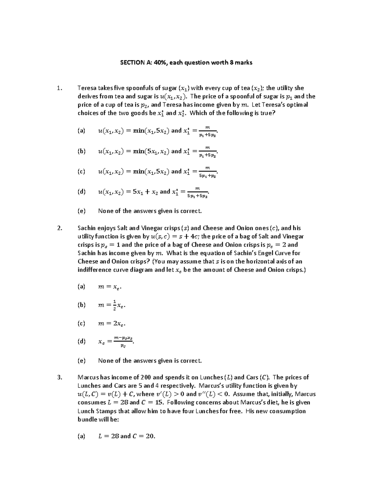 ECO2045 Practice Test 2 SECTION A 40, each question worth 8 marks