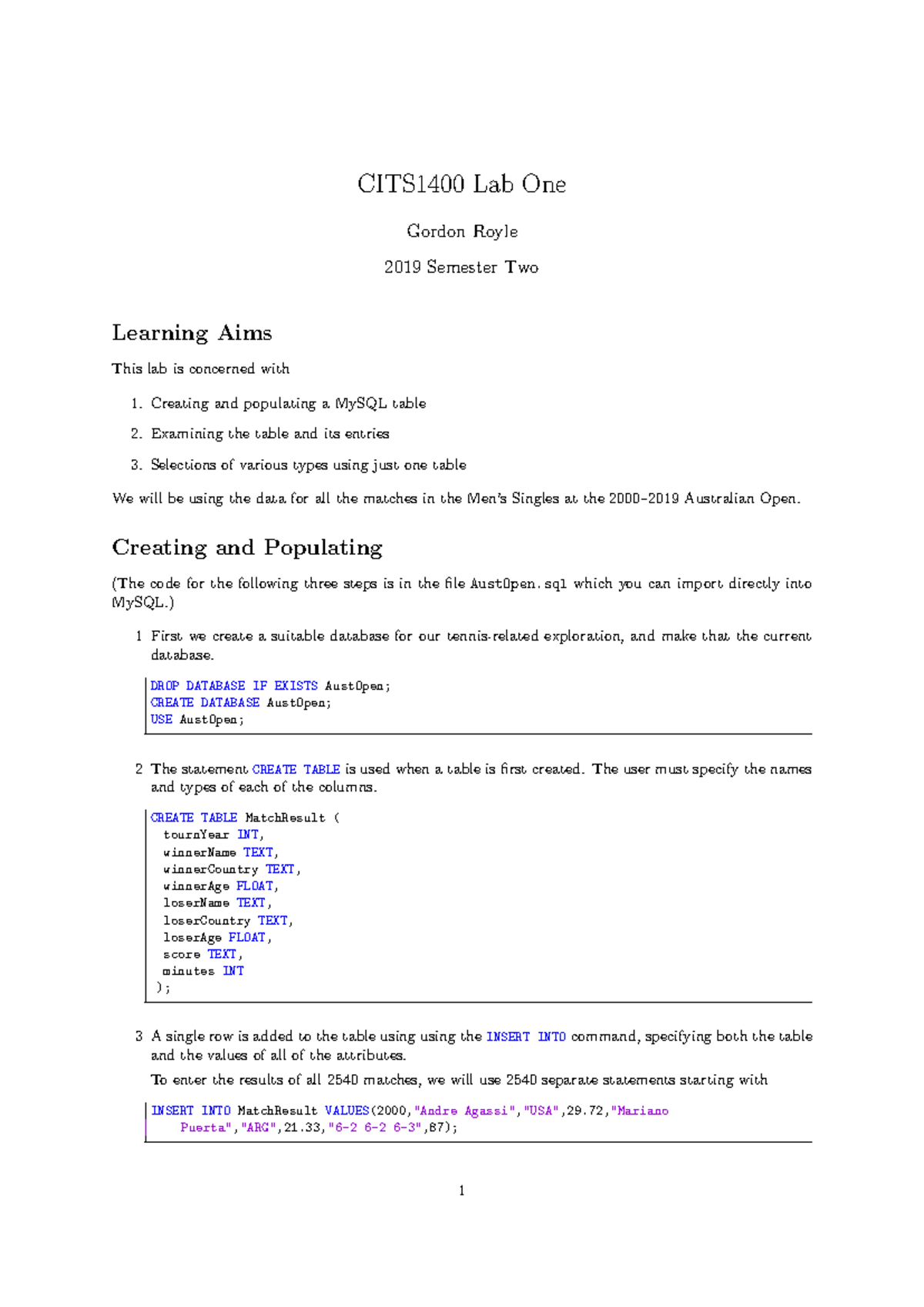 Lab01-Questions - good - CITS1400 Lab One Gordon Royle 2019 Semester ...