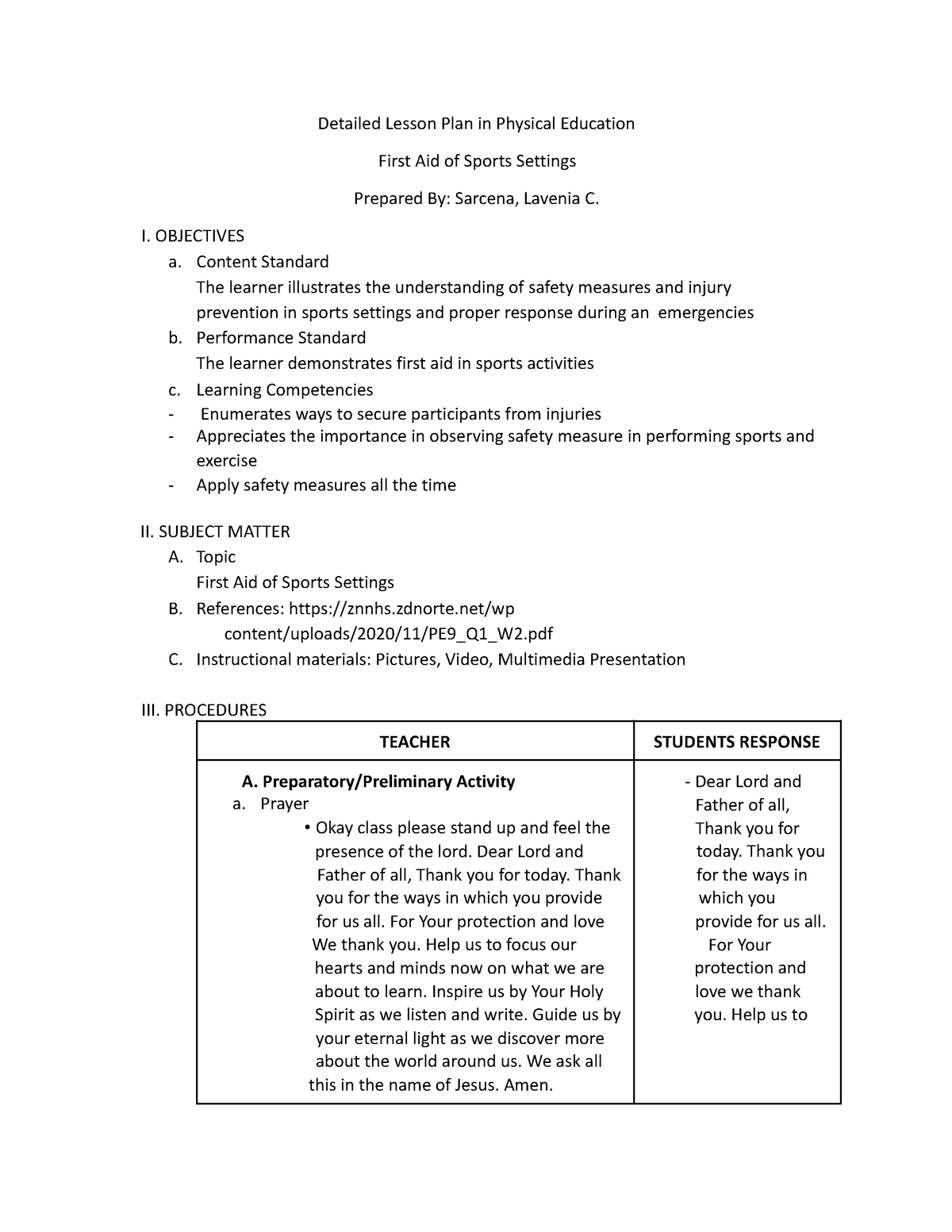 Dlp Lesson Plan Detailed Lesson Plan In Physical Education First Aid Of Sports Settings 2171