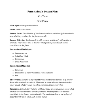 Farm Animals Lesson Plan - Chase First Grade Unit Topic: Naming farm animals.  Grade Level: First - Studocu