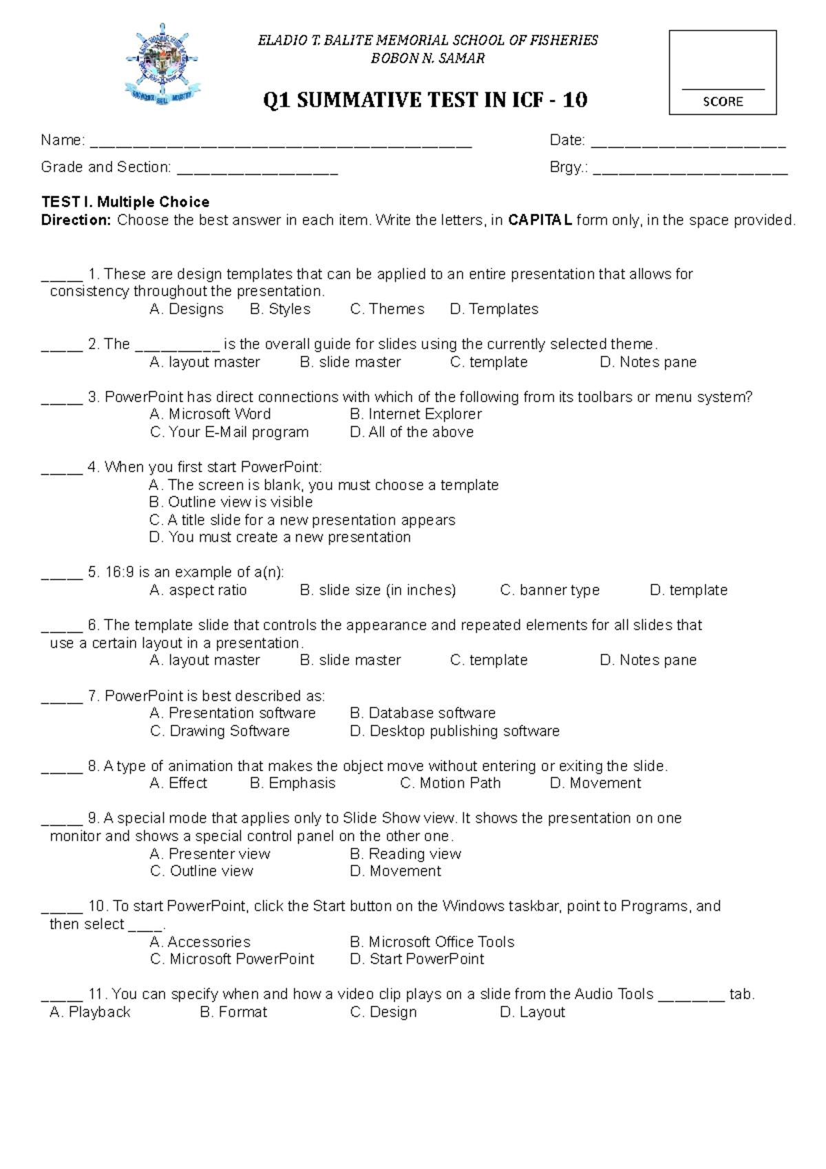 Q1 Summative TEST IN ICF - ELADIO T. BALITE MEMORIAL SCHOOL OF ...