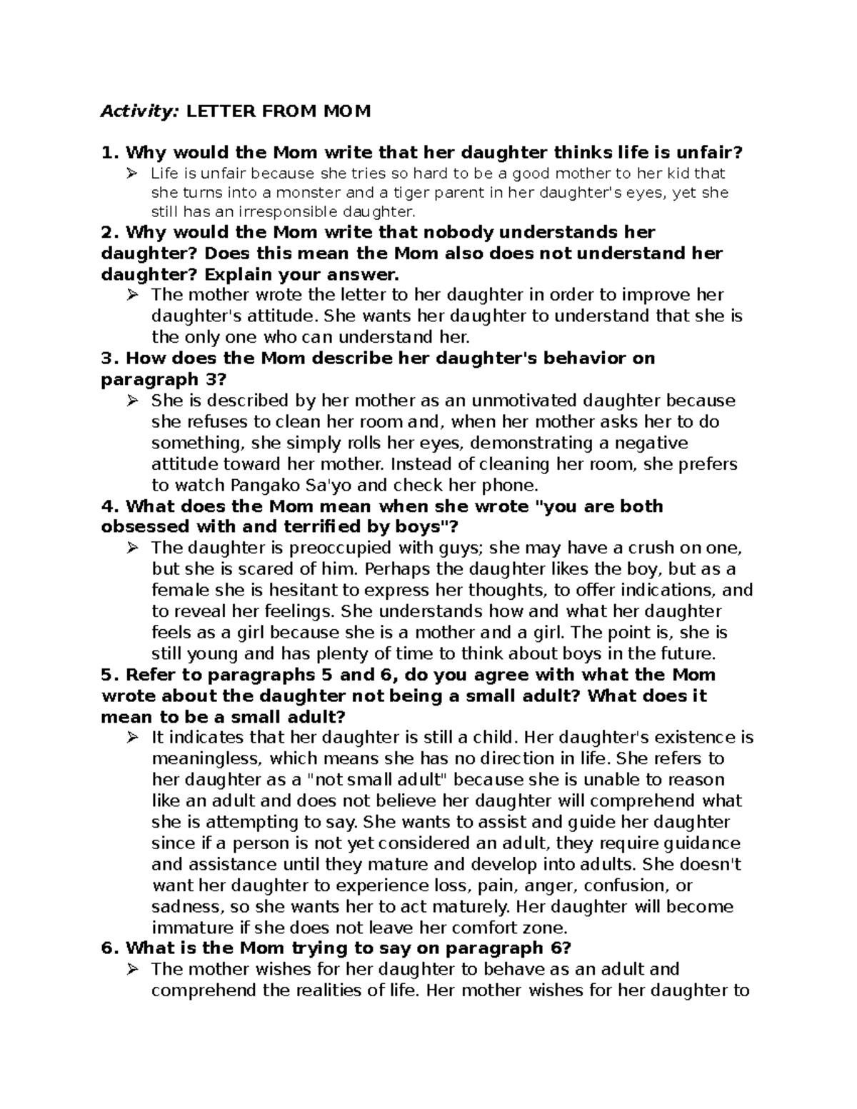 Perdev - Activity: LETTER FROM MOM 1. Why would the Mom write that her ...