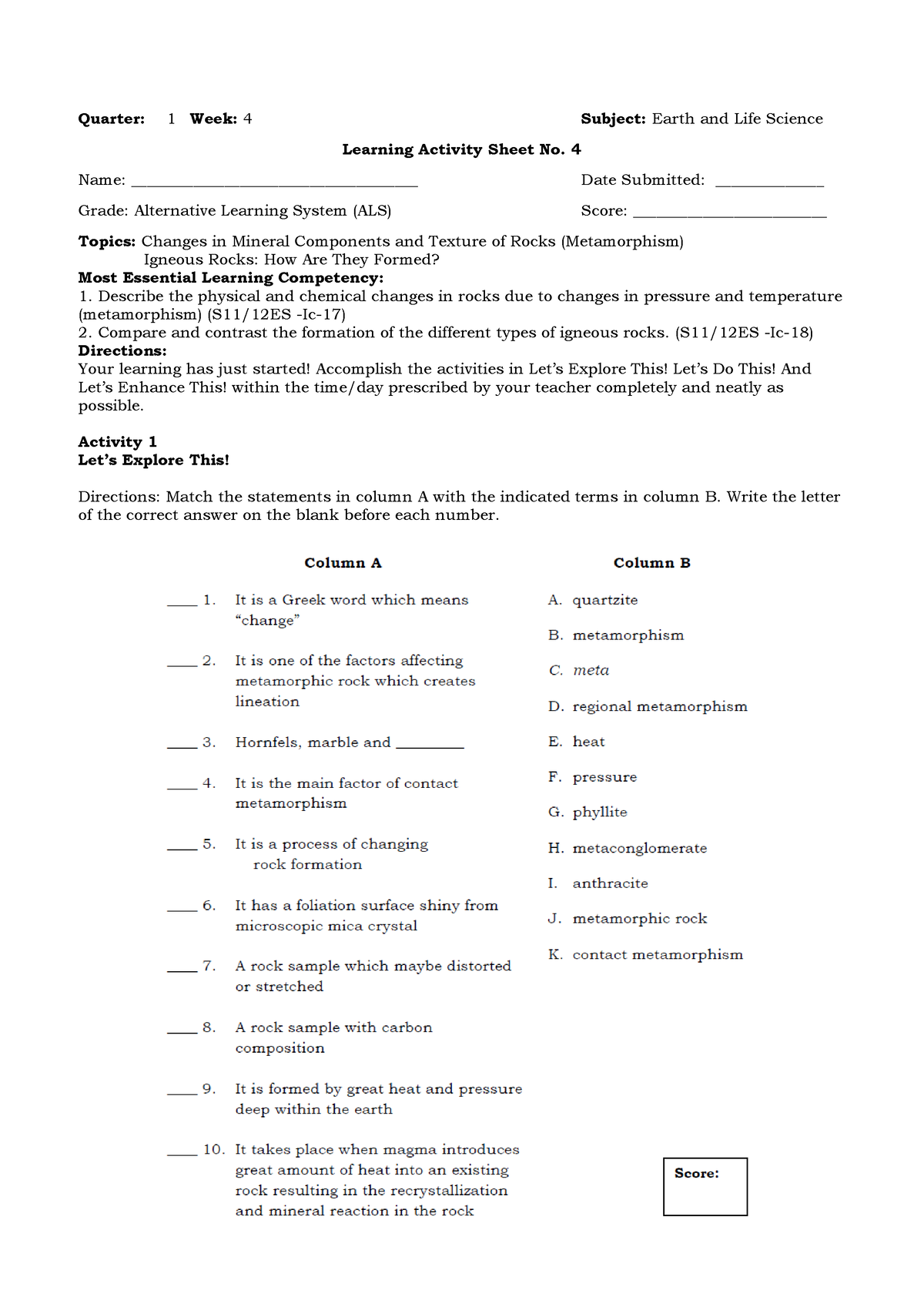 Learning Activity Sheet No. 4 ELS - Quarter: 1 Week: 4 Subject: Earth ...