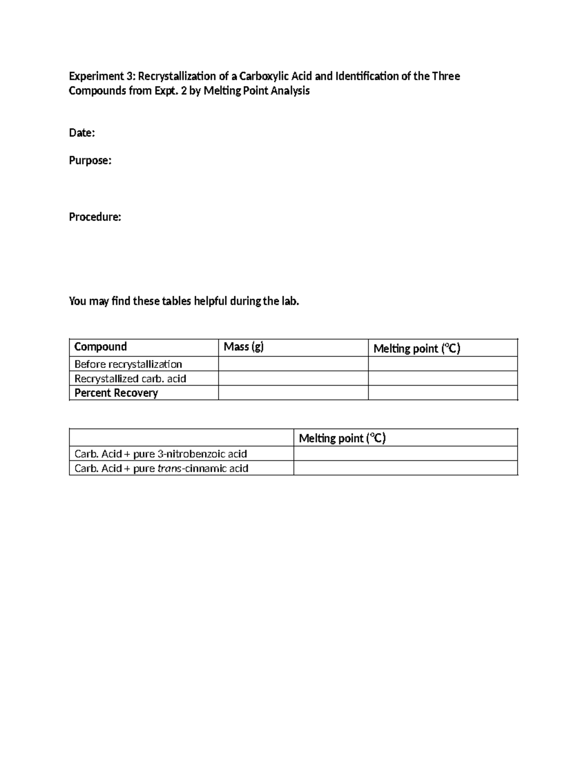 Expt3prelab - Pre lab for experiment 3 - CHM-260 - Experiment 3 ...