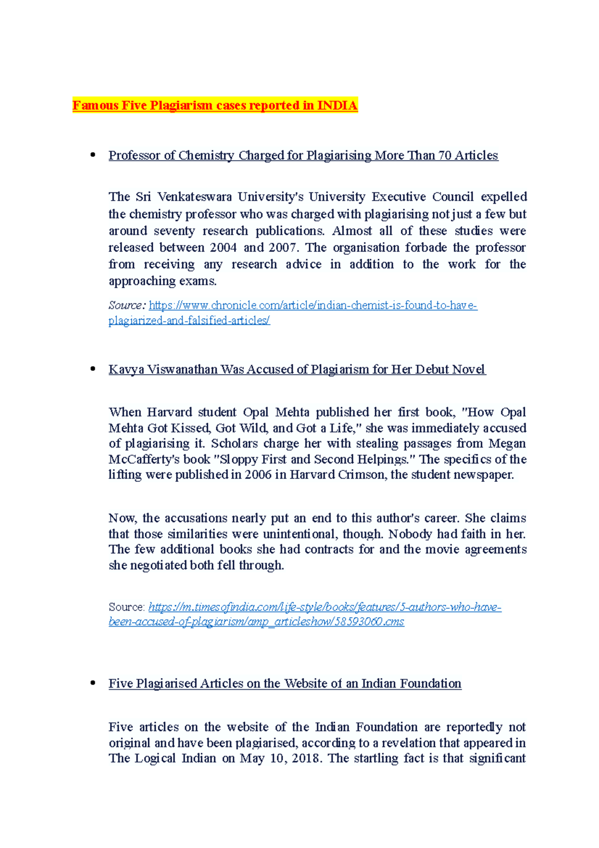 Famous Five Plagiarism cases reported in India Famous Five Plagiarism