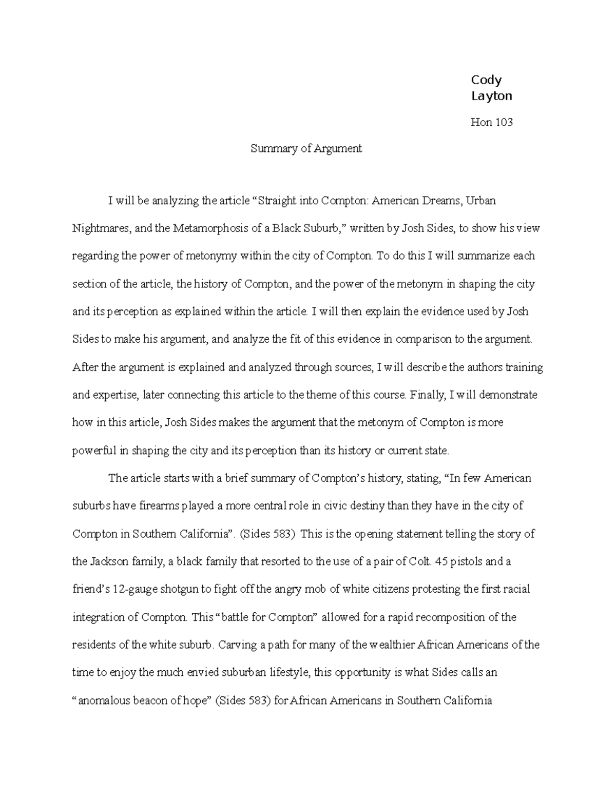 Summary of Argument Final Cody Layton Hon 103 Summary of Argument I