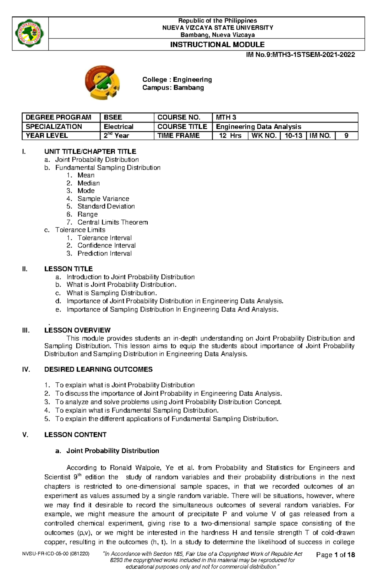 Engineering data and analysis - NUEVA VIZCAYA STATE UNIVERSITY Bambang ...